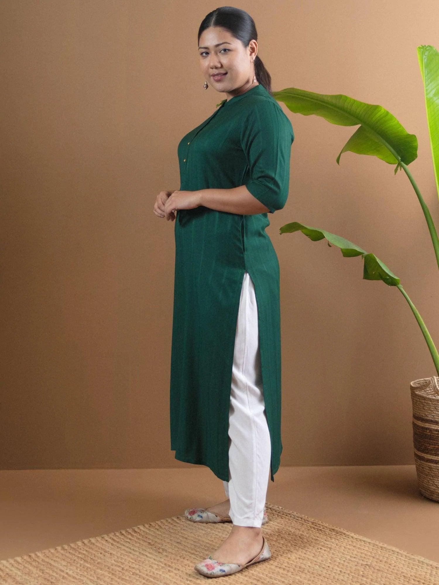 Plus Size Green Solid Rayon Kurta