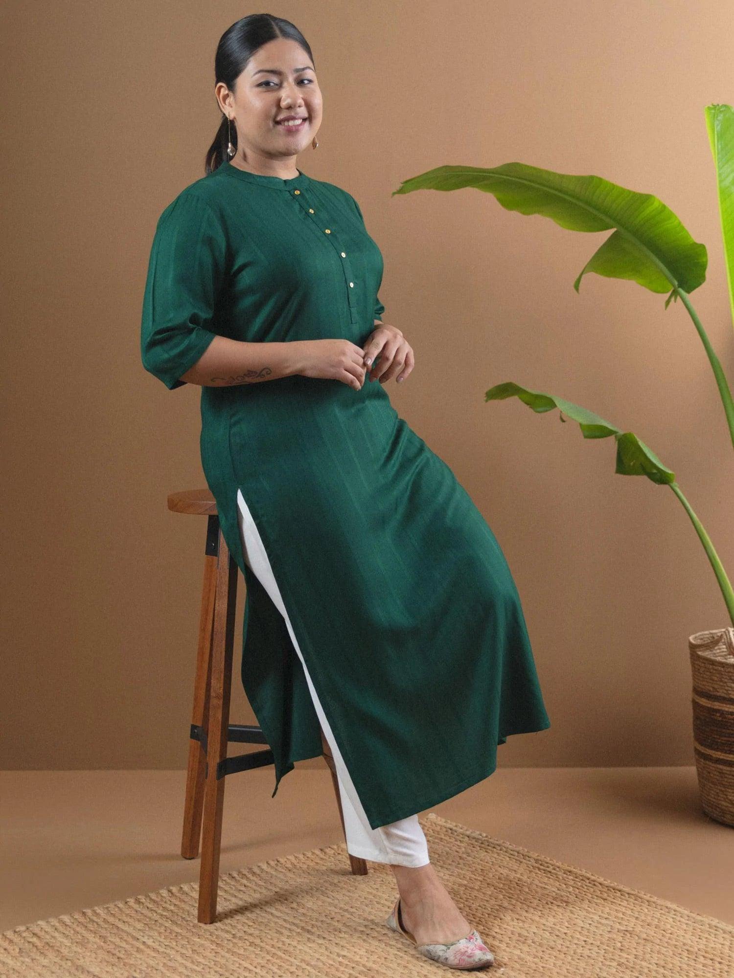 Plus Size Green Solid Rayon Kurta