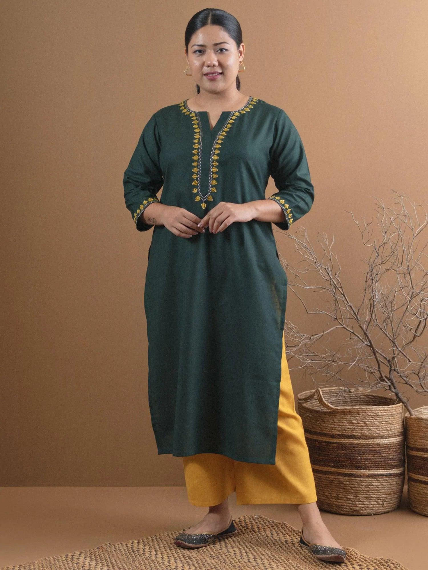 Plus Size Green Embroidered Cotton Kurta