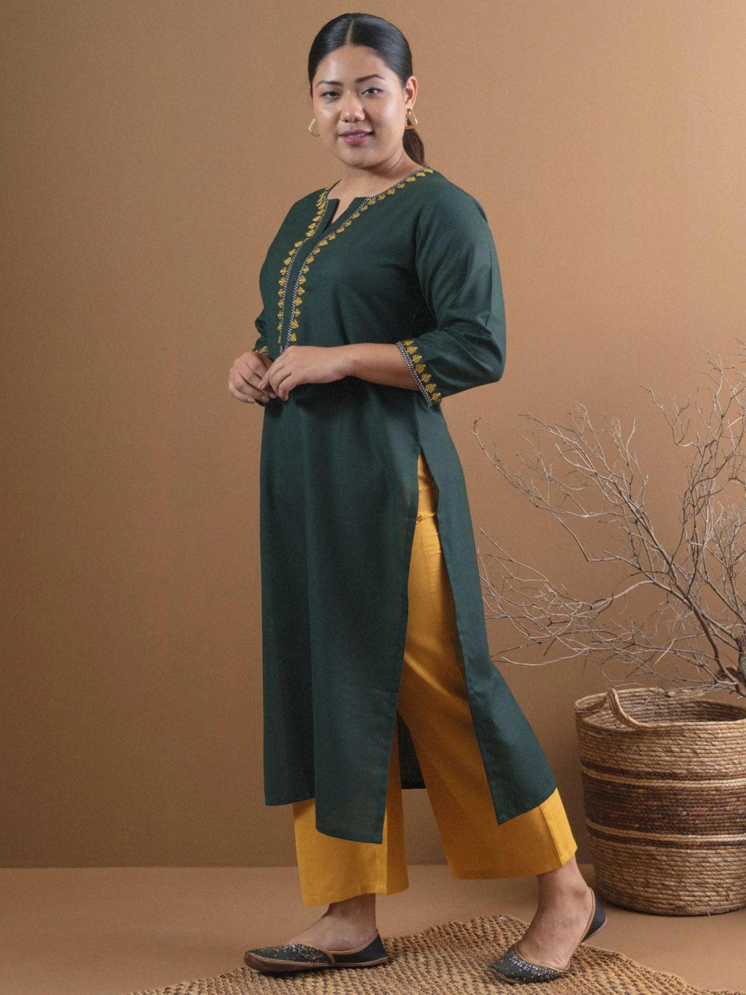 Plus Size Green Embroidered Cotton Kurta