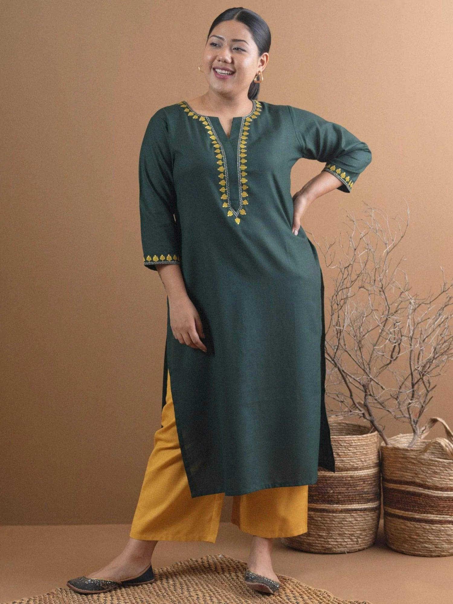 Plus Size Green Embroidered Cotton Kurta