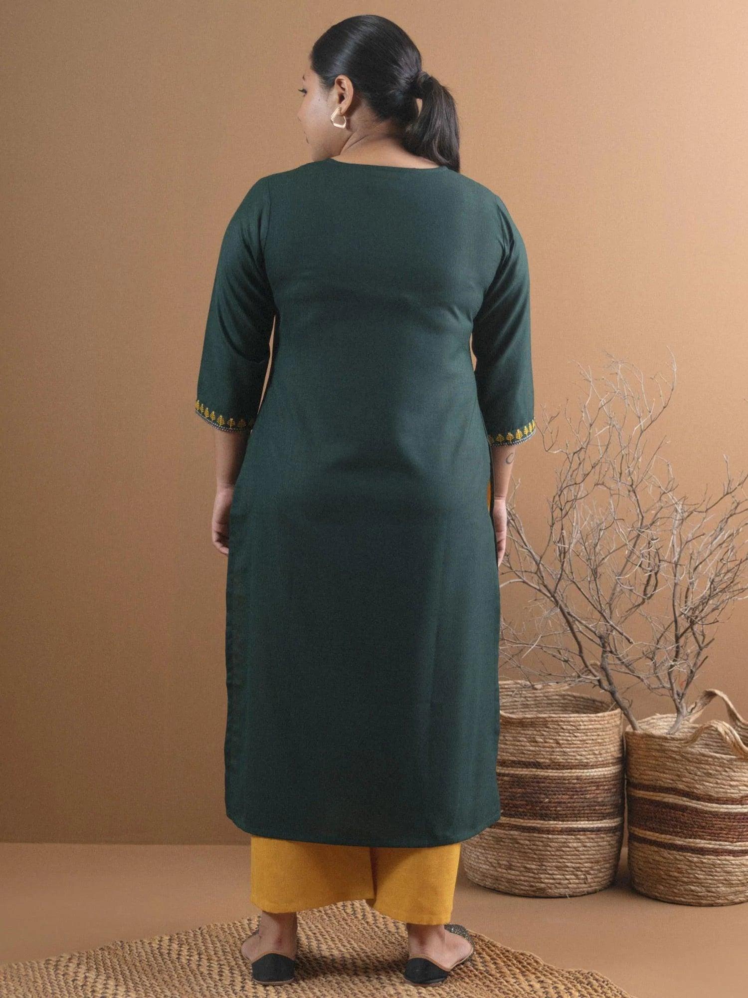 Plus Size Green Embroidered Cotton Kurta