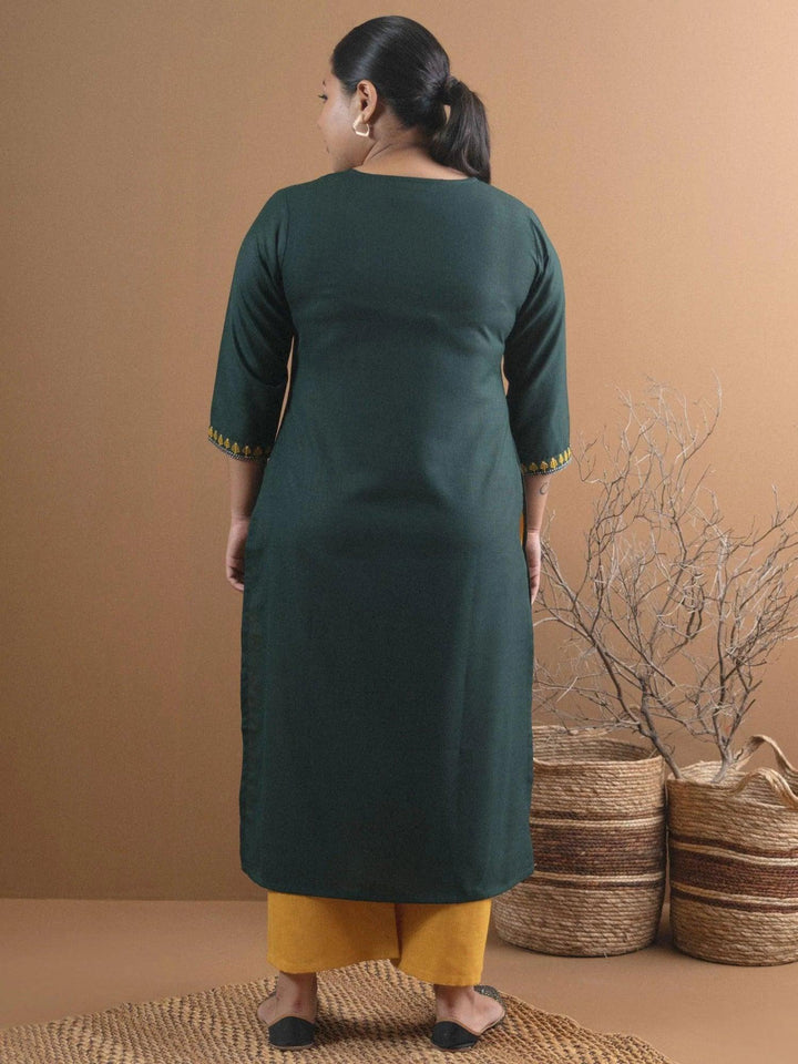 Plus Size Green Embroidered Cotton Kurta - ShopLibas