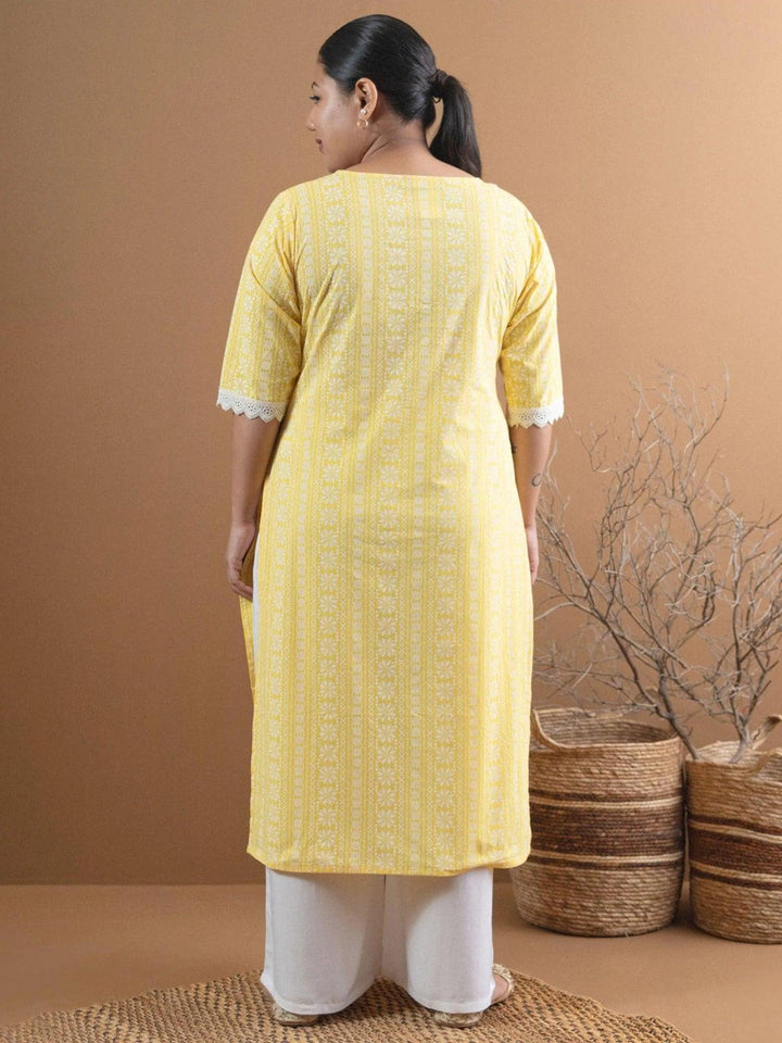 Plus Size Yellow Printed Cotton Kurta - ShopLibas