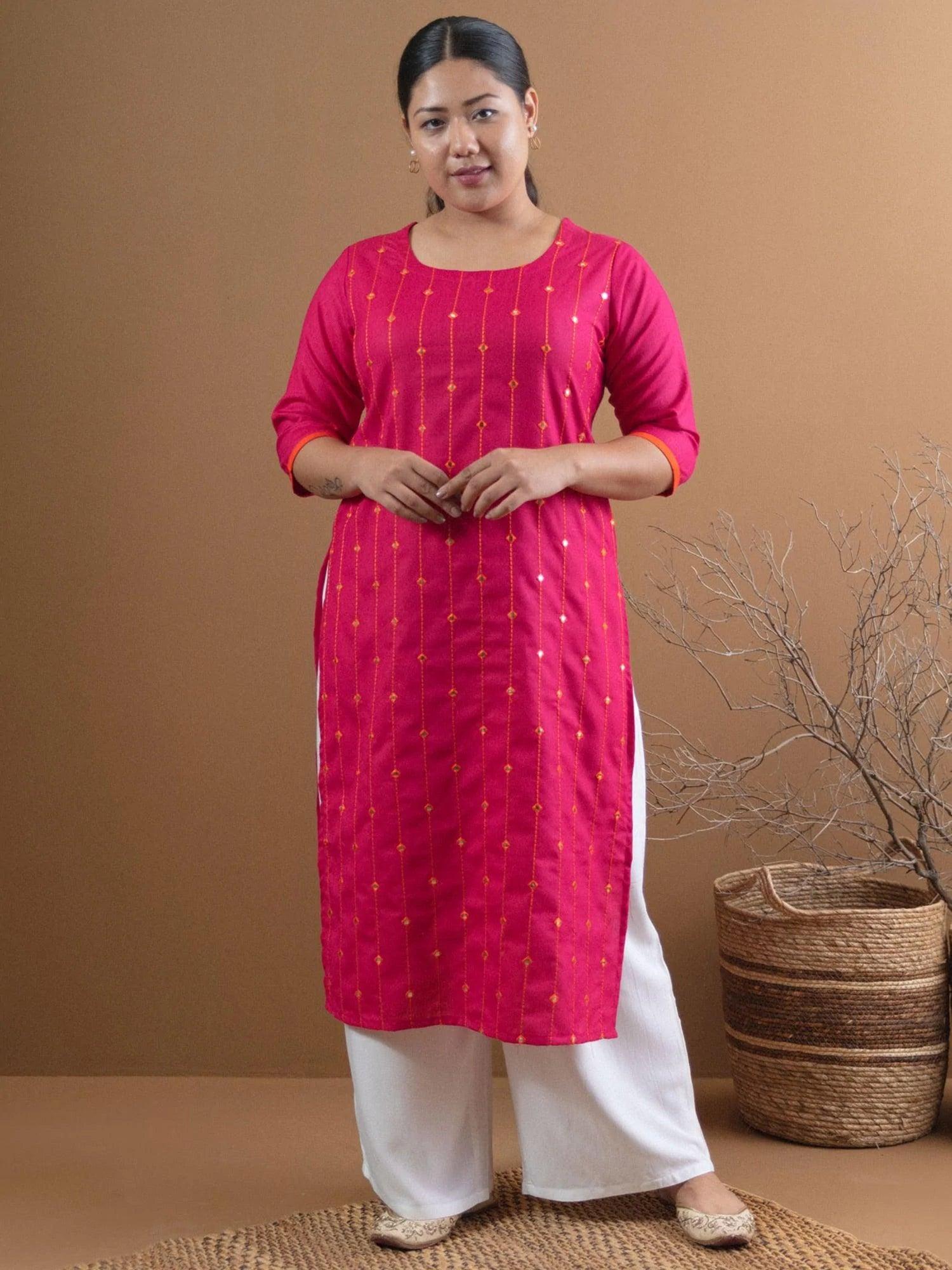 Plus Size Pink Mirror Work Cotton Kurta