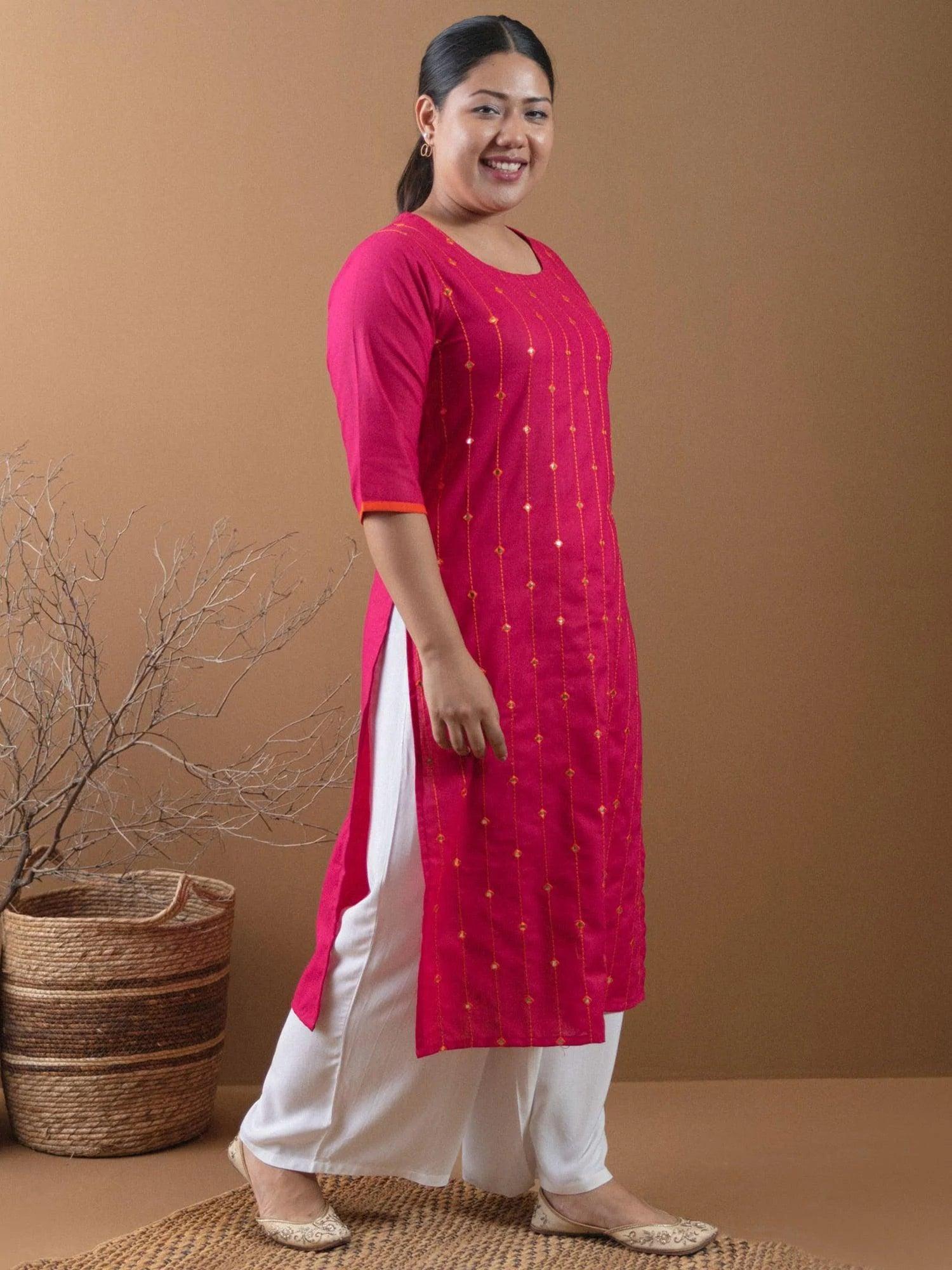 Plus Size Pink Mirror Work Cotton Kurta