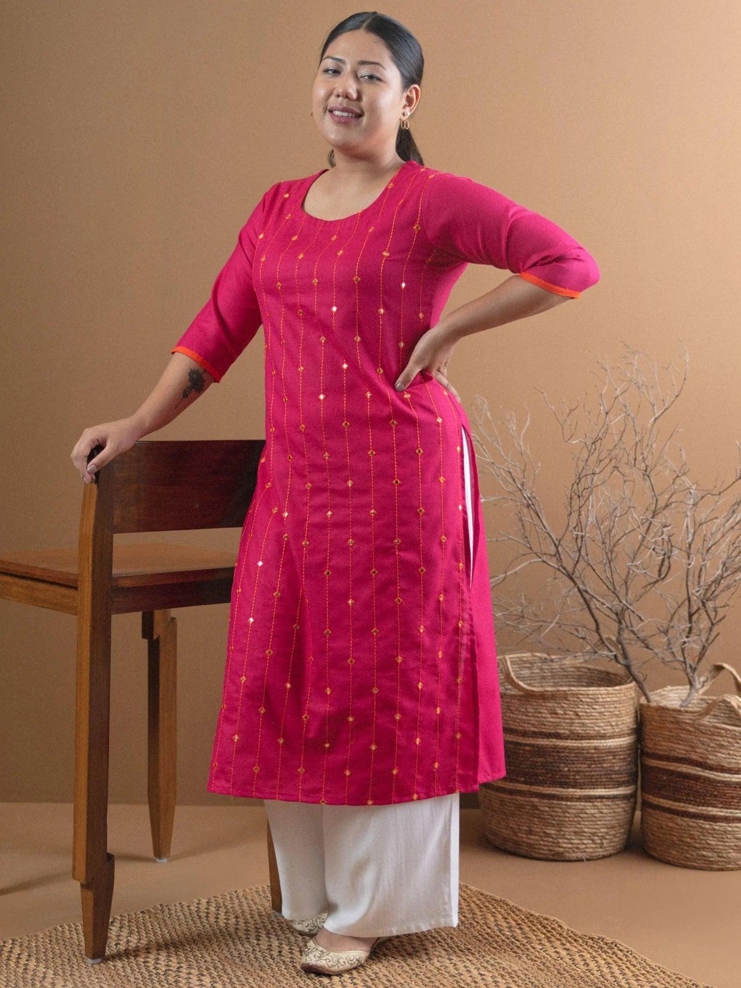 Plus Size Pink Mirror Work Cotton Kurta