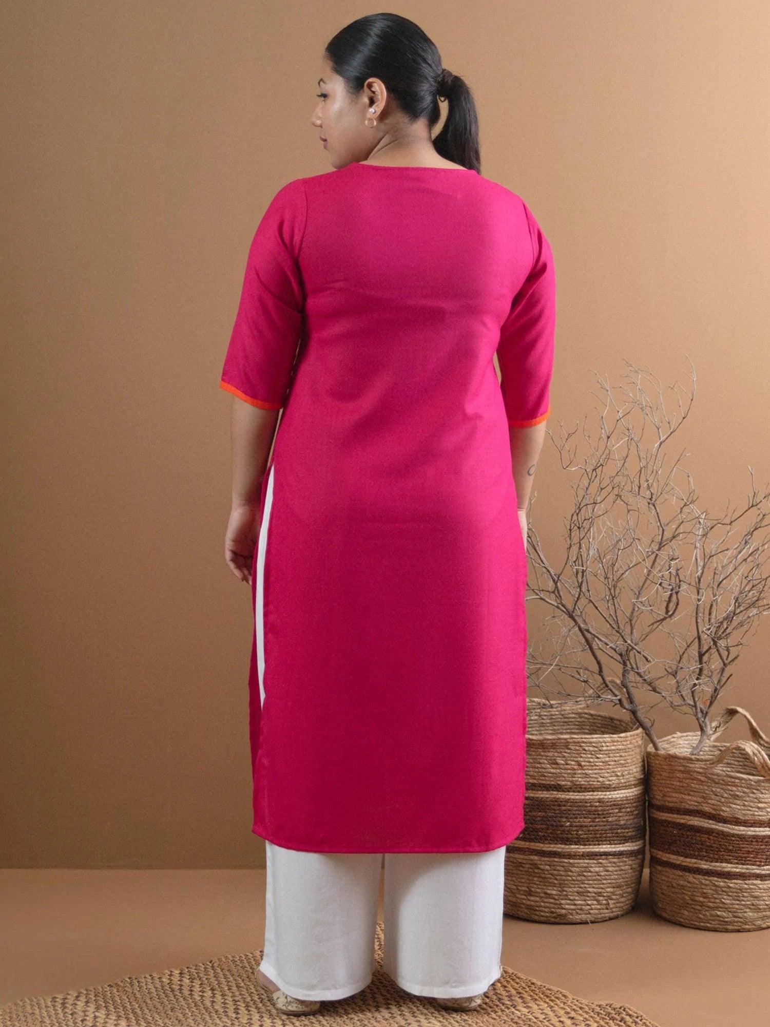 Plus Size Pink Mirror Work Cotton Kurta