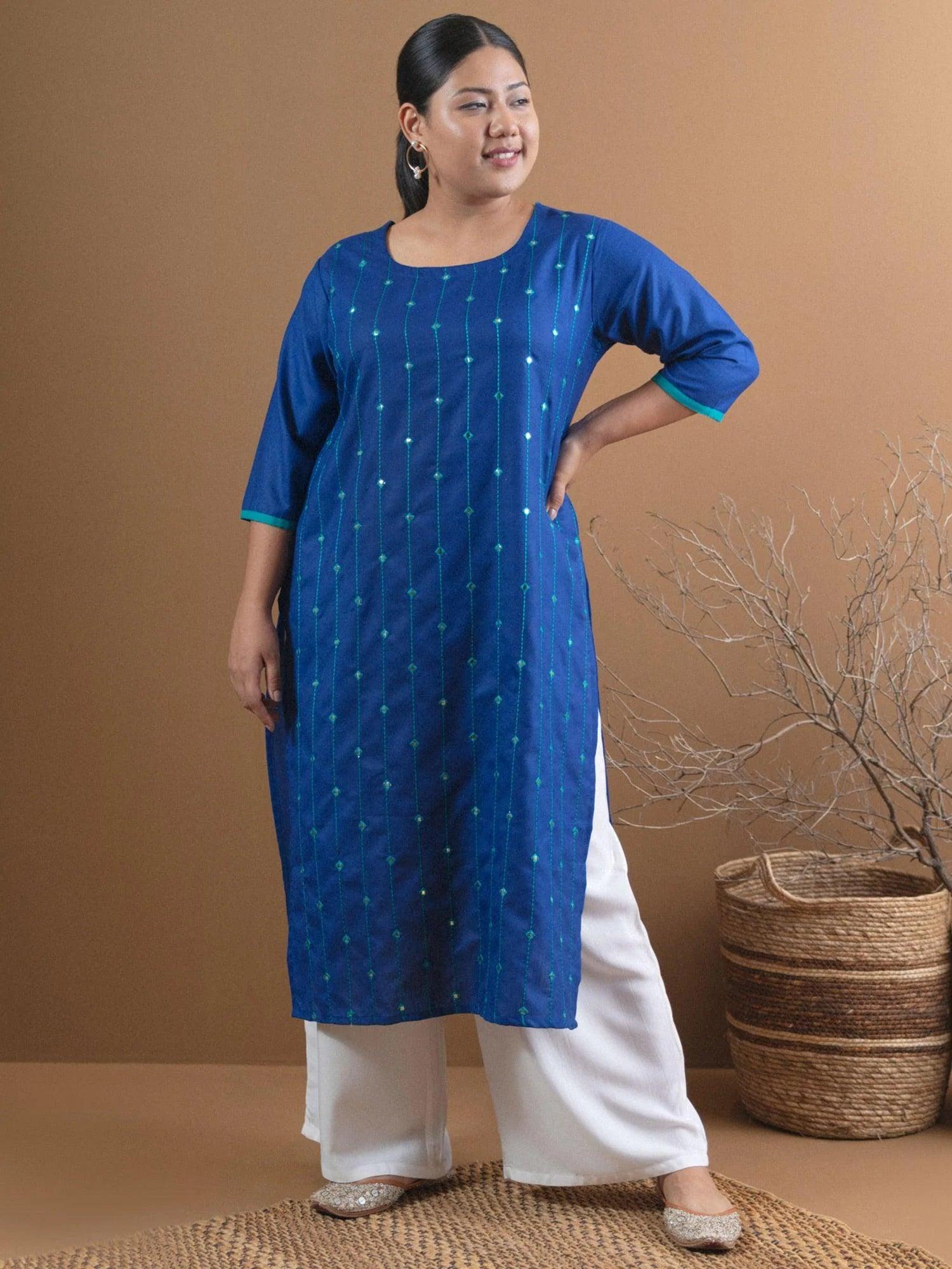 Plus Size Blue Mirror Work Cotton Kurta