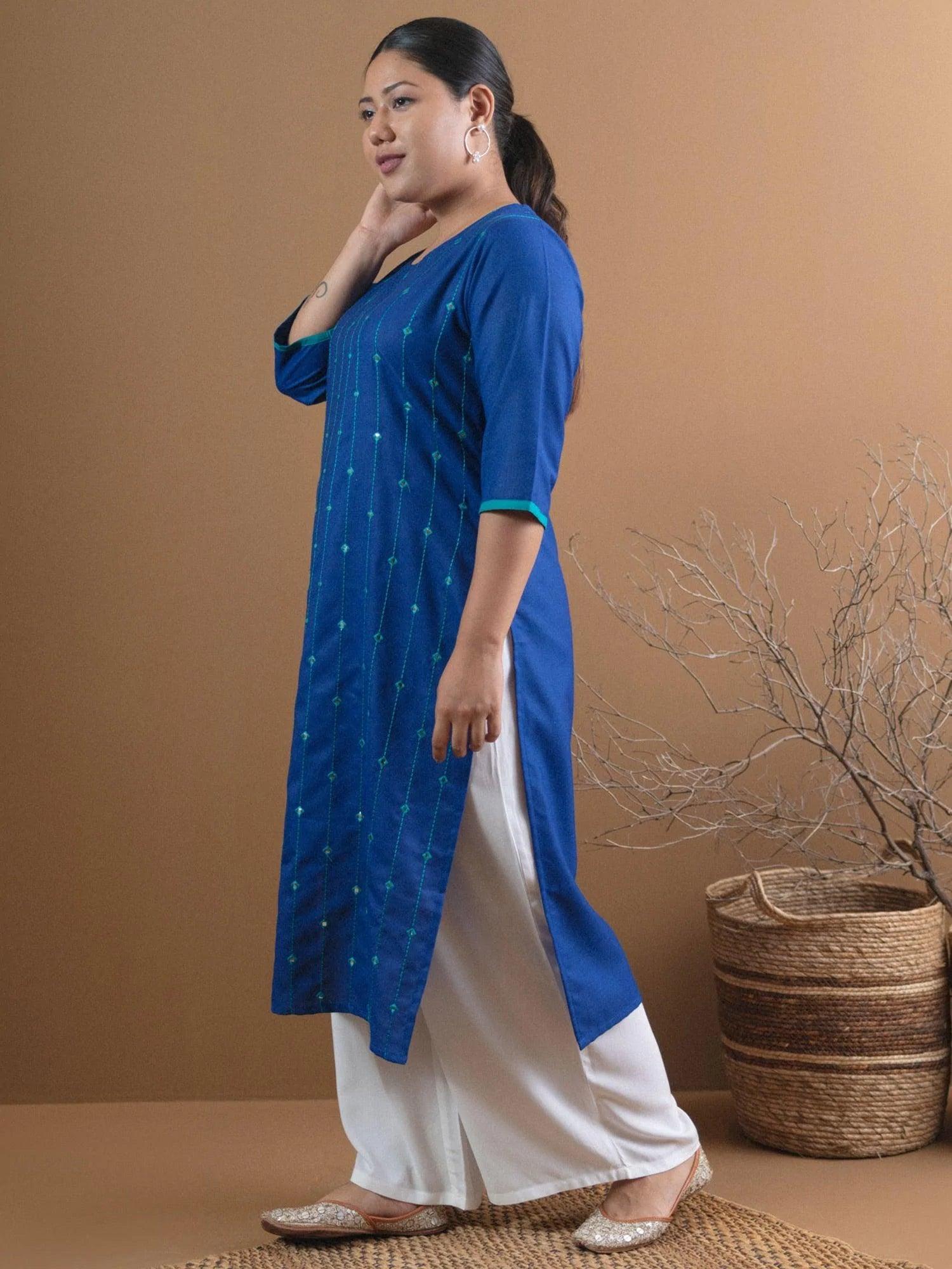 Plus Size Blue Mirror Work Cotton Kurta