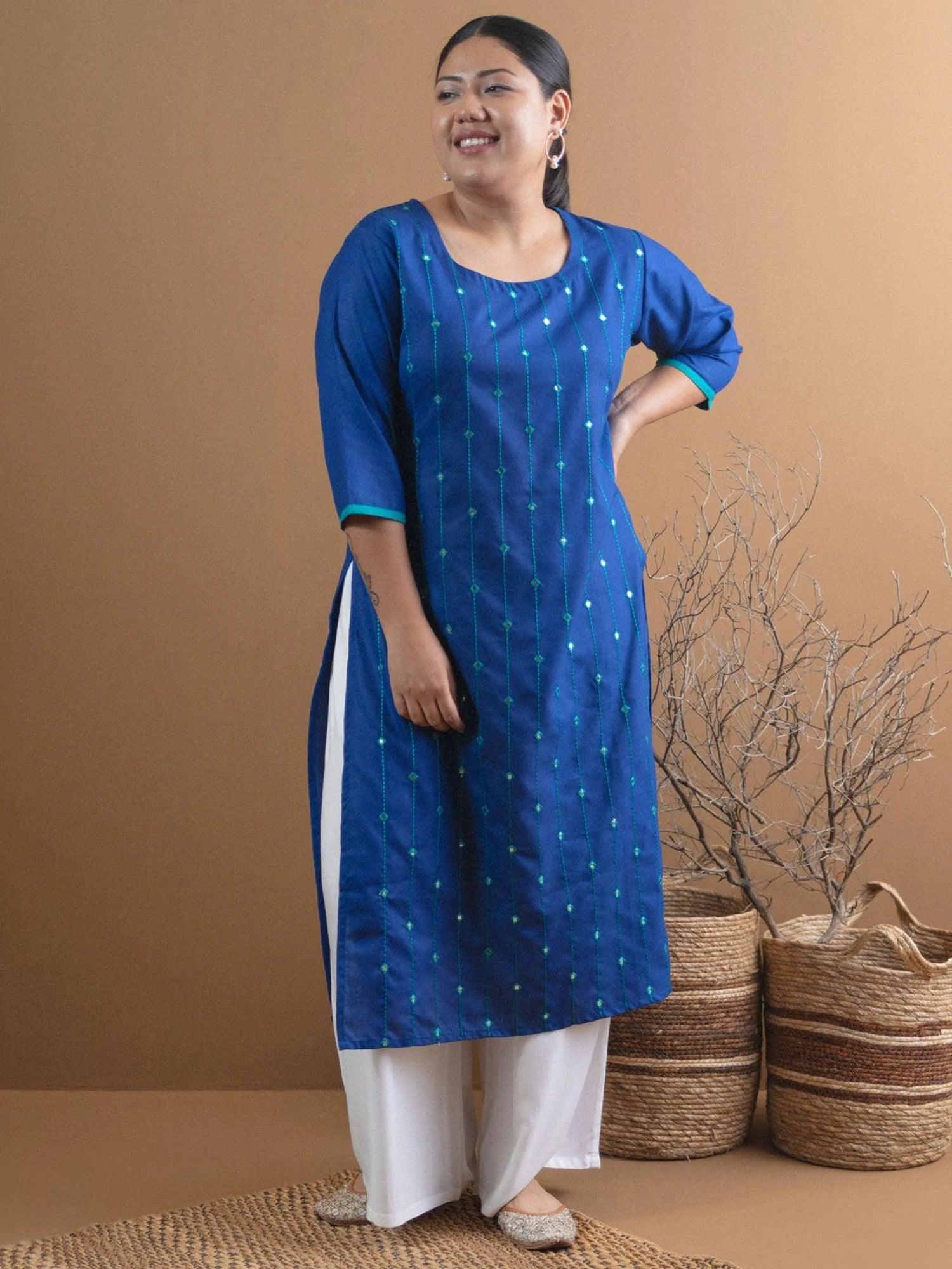 Plus Size Blue Mirror Work Cotton Kurta