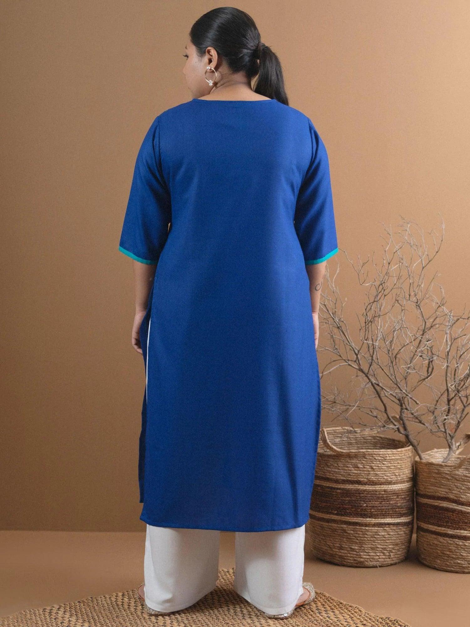 Plus Size Blue Mirror Work Cotton Kurta