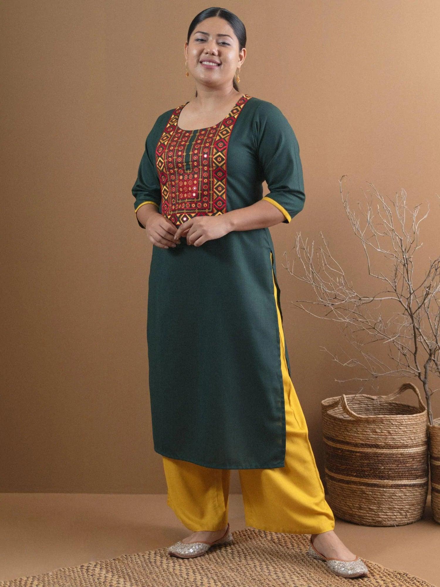 Plus Size Green Embroidered Cotton Kurta