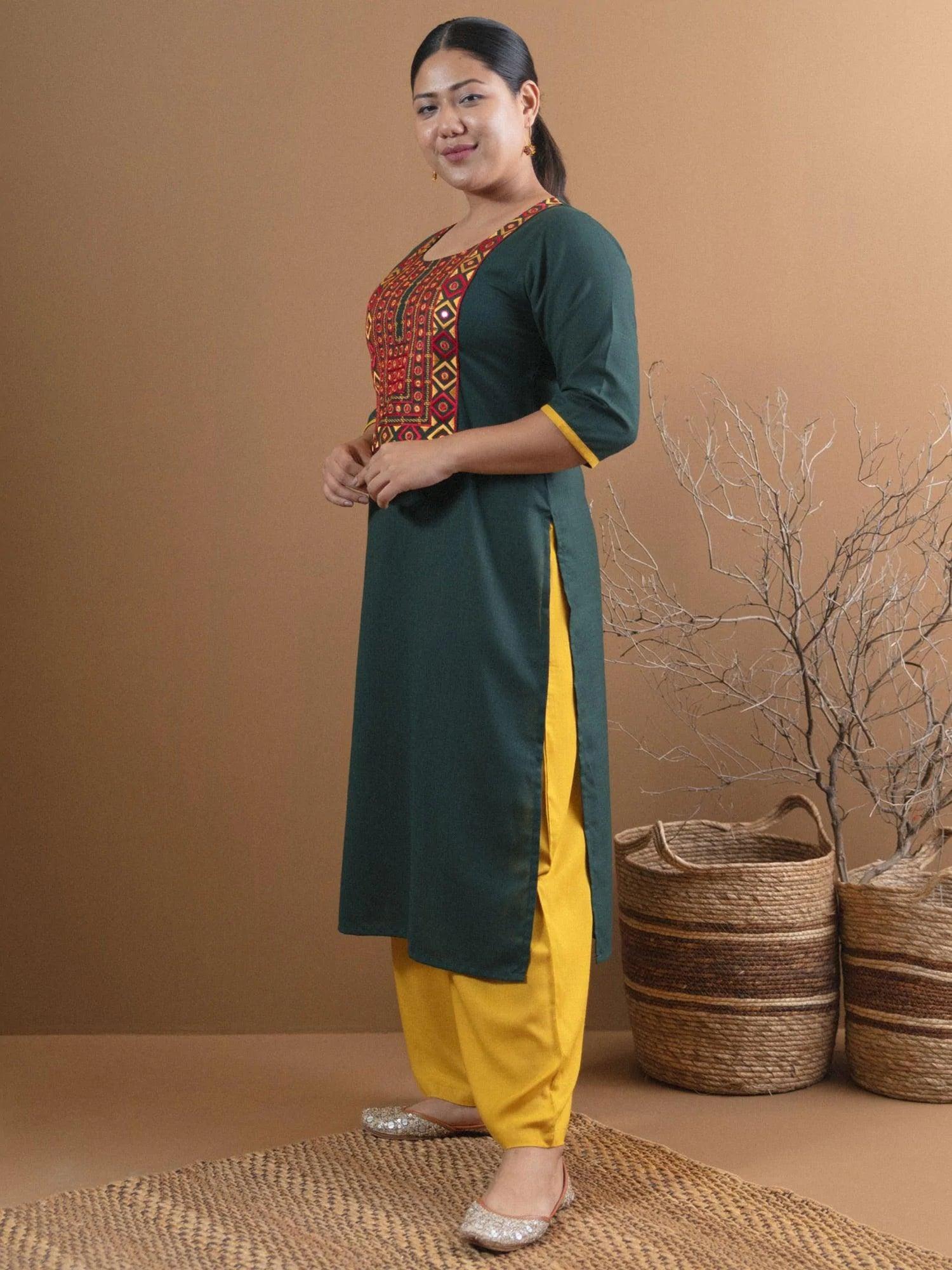 Plus Size Green Embroidered Cotton Kurta