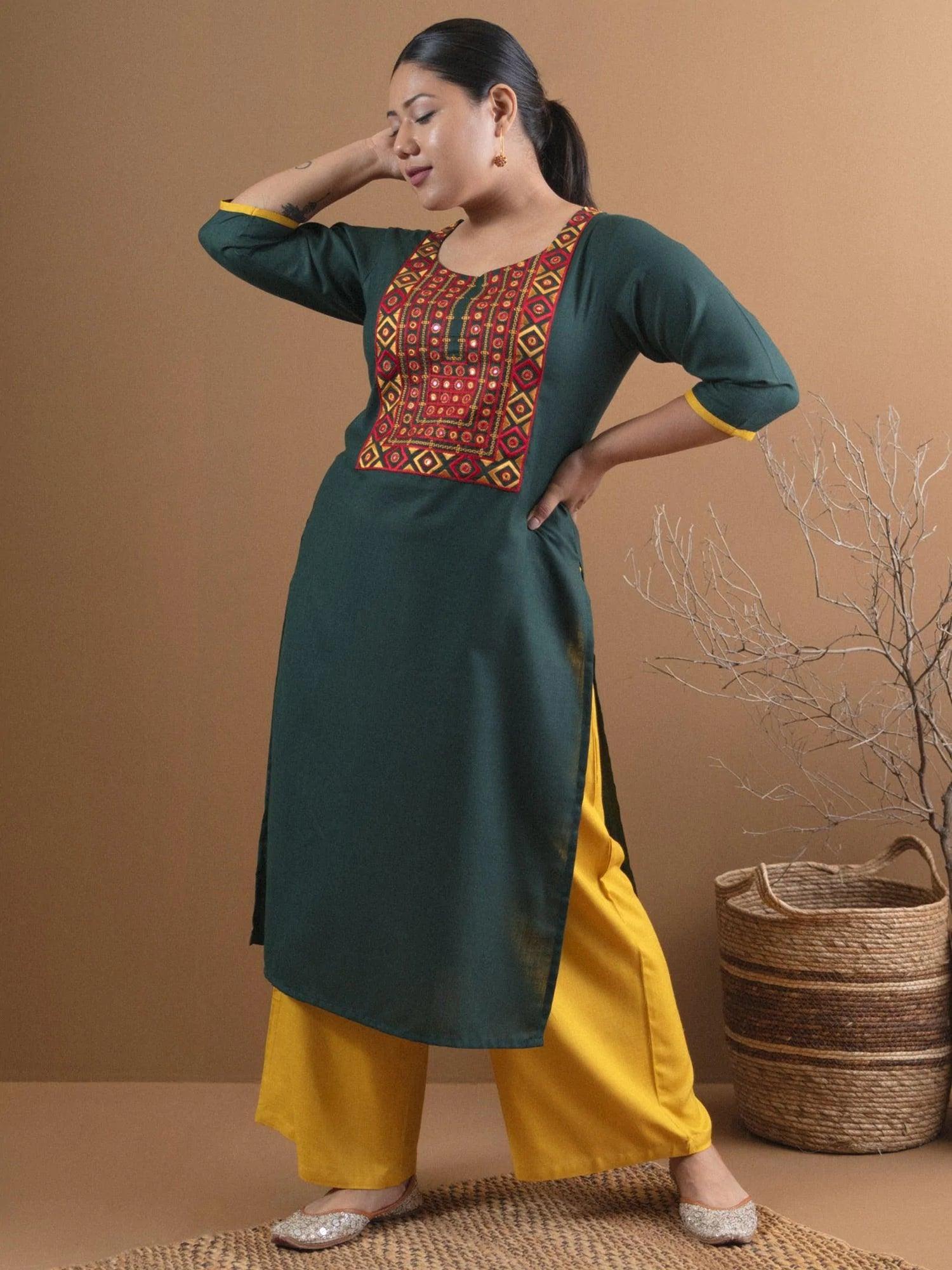 Plus Size Green Embroidered Cotton Kurta