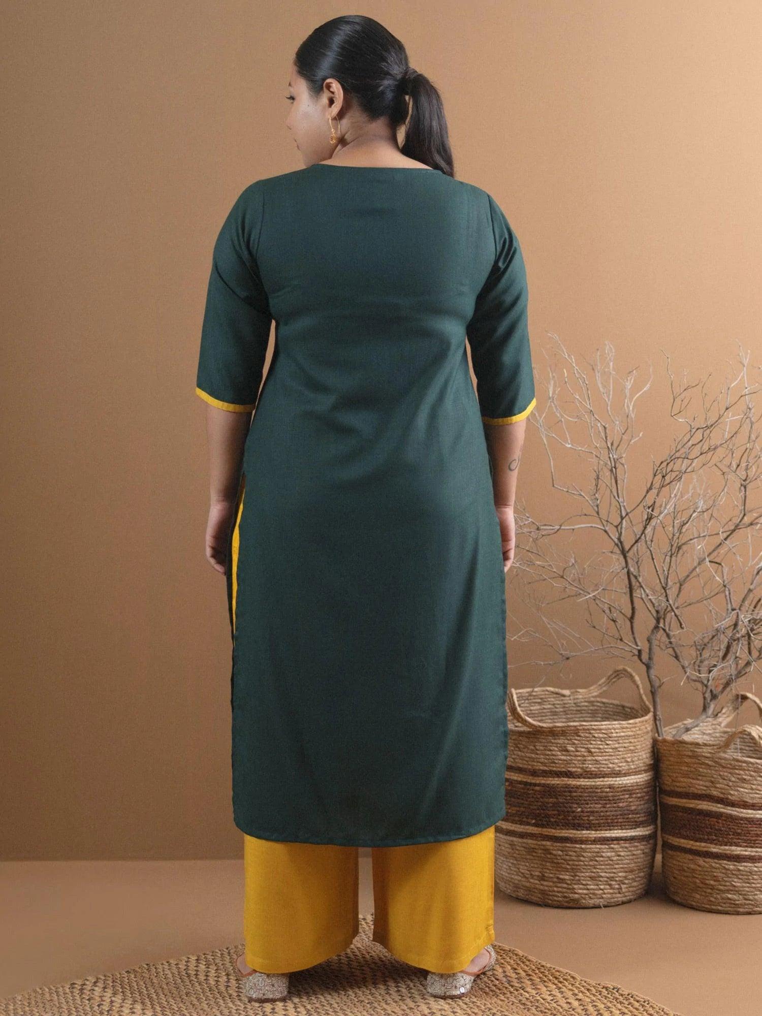 Plus Size Green Embroidered Cotton Kurta