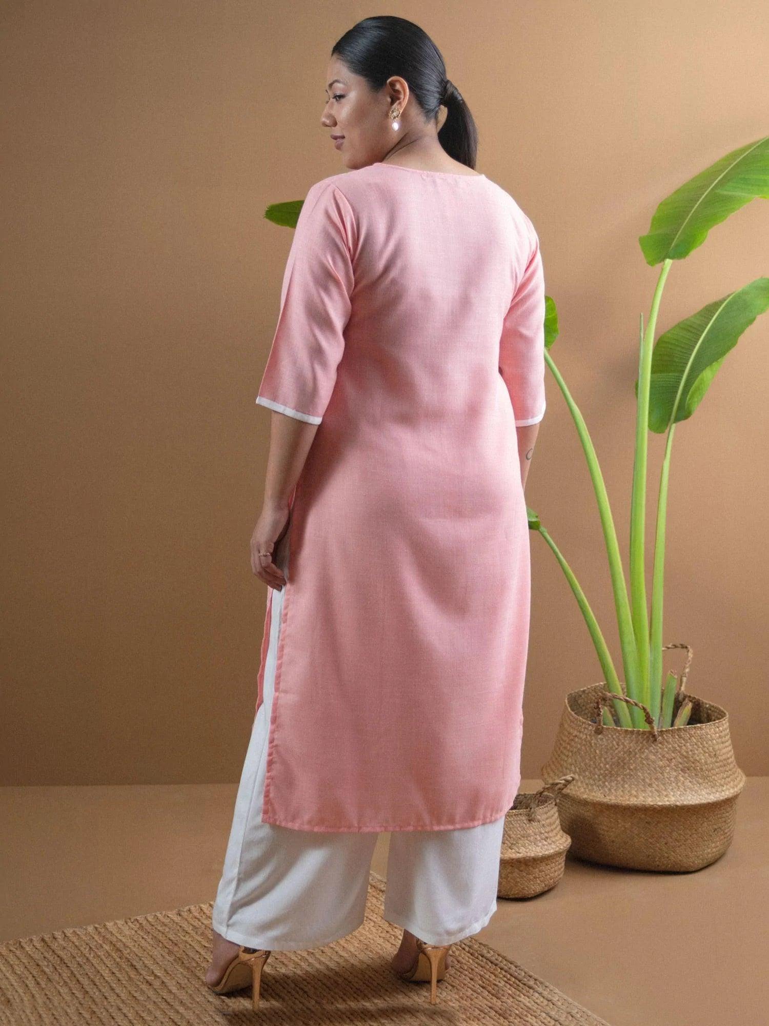 Plus Size Pink Embroidered Cotton Kurta