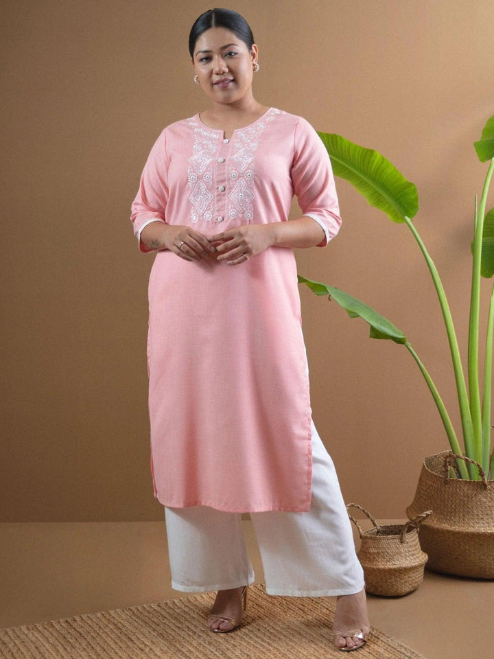 Plus Size Pink Embroidered Cotton Kurta - ShopLibas