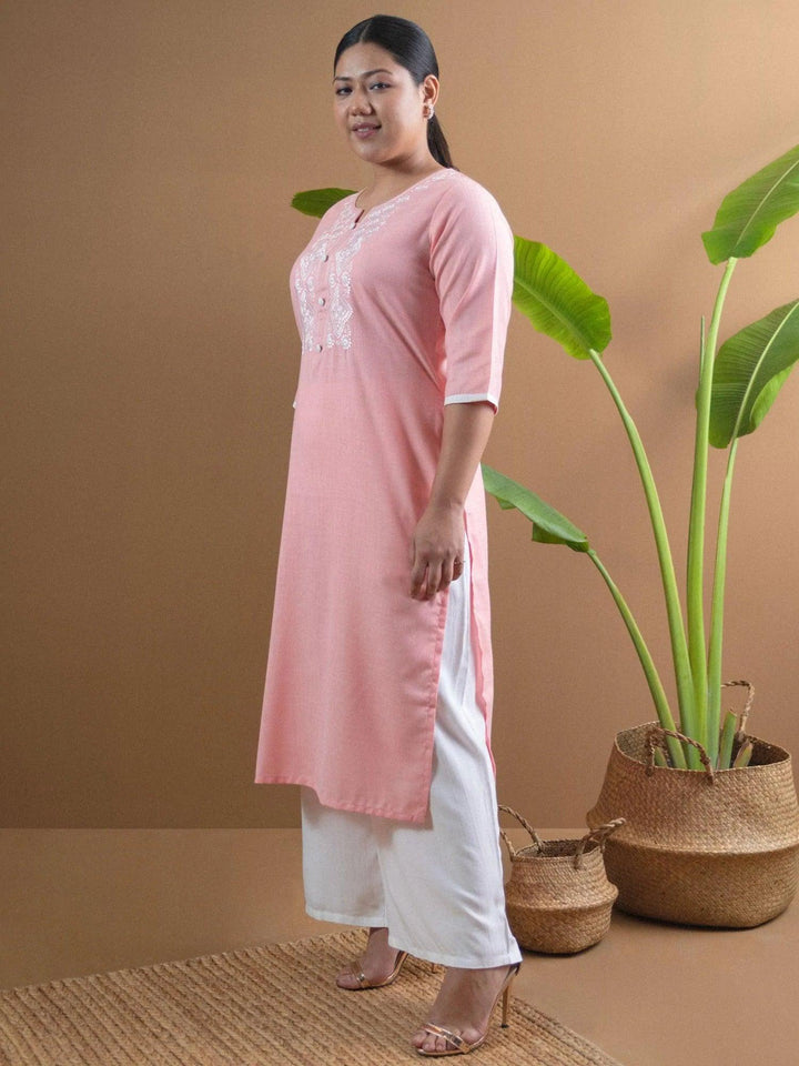 Plus Size Pink Embroidered Cotton Kurta - ShopLibas