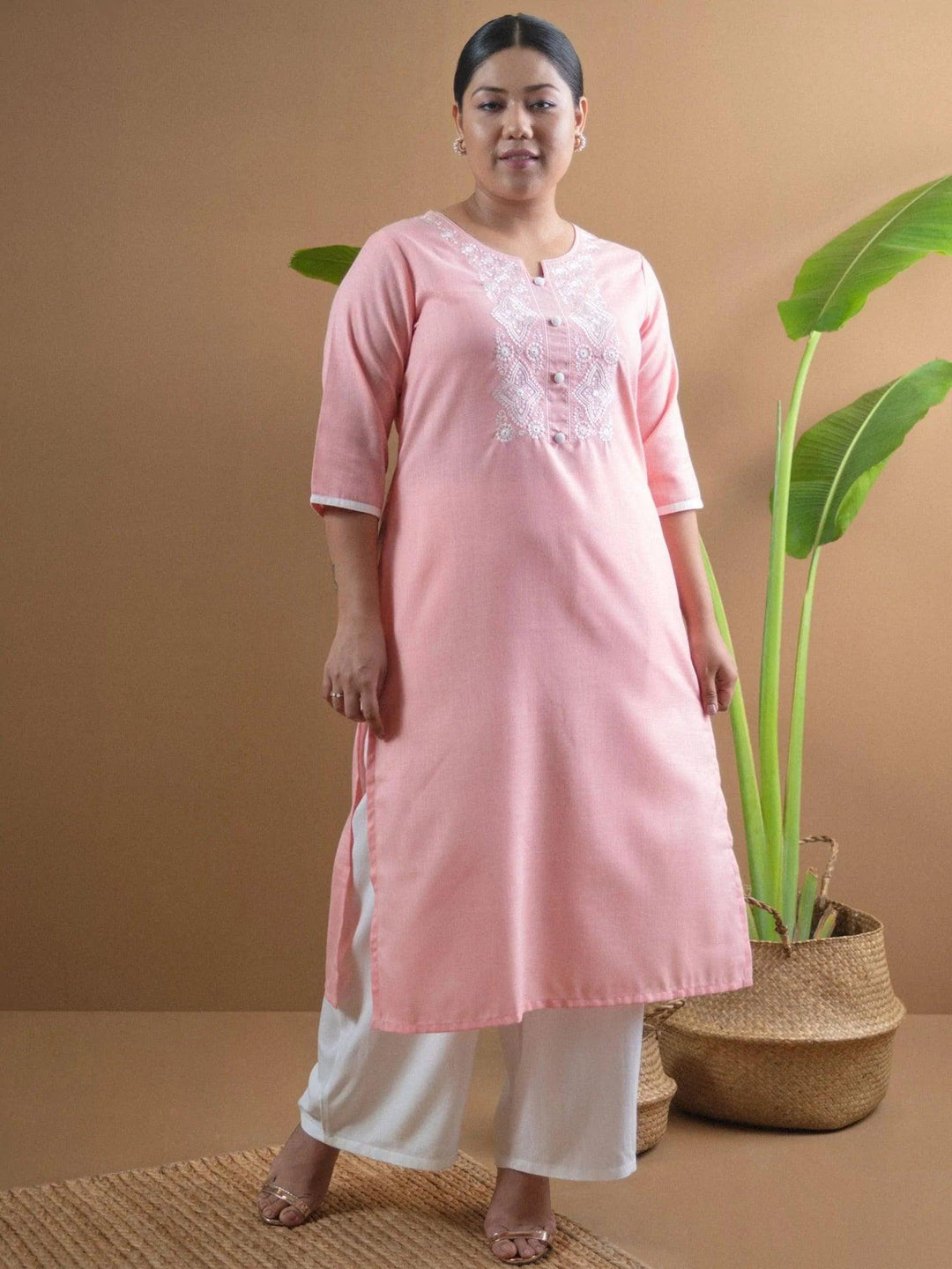 Plus Size Pink Embroidered Cotton Kurta - ShopLibas