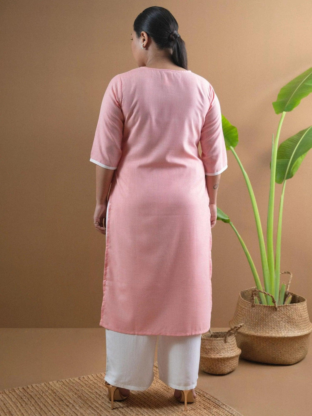 Plus Size Pink Embroidered Cotton Kurta - ShopLibas