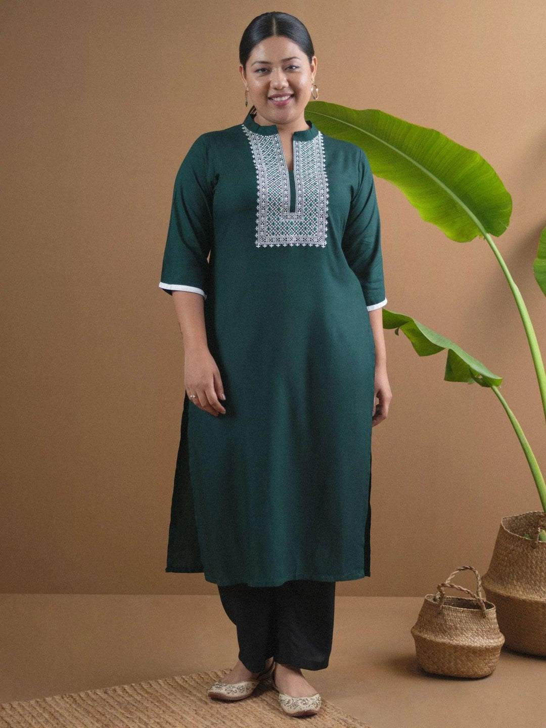 Plus Size Green Embroidered Rayon Kurta - ShopLibas