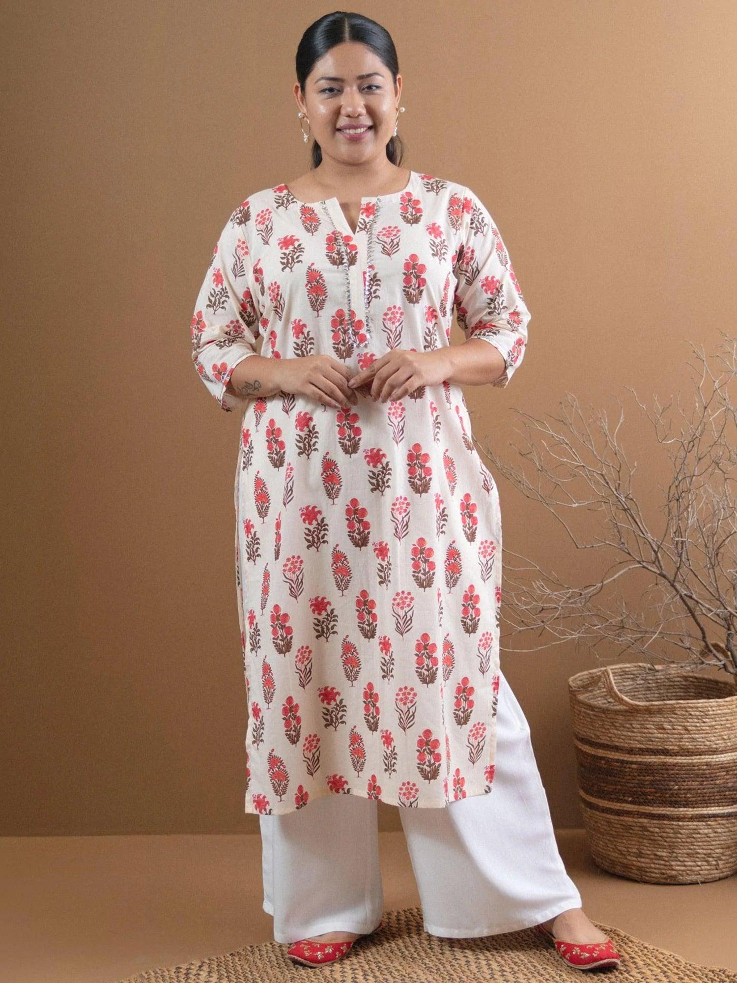 Plus Size Cream Printed Cotton Kurta