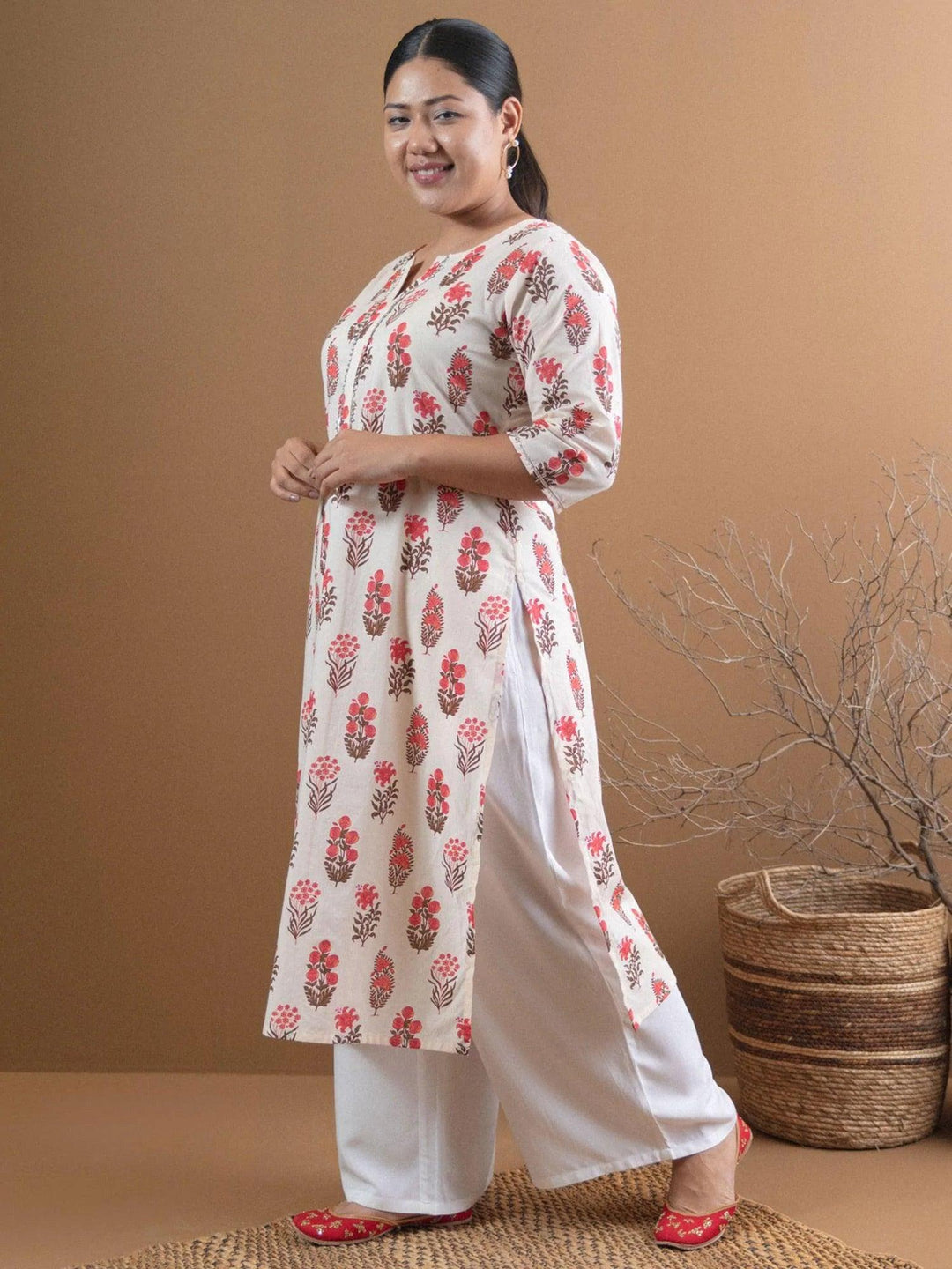 Plus Size Cream Printed Cotton Kurta - ShopLibas