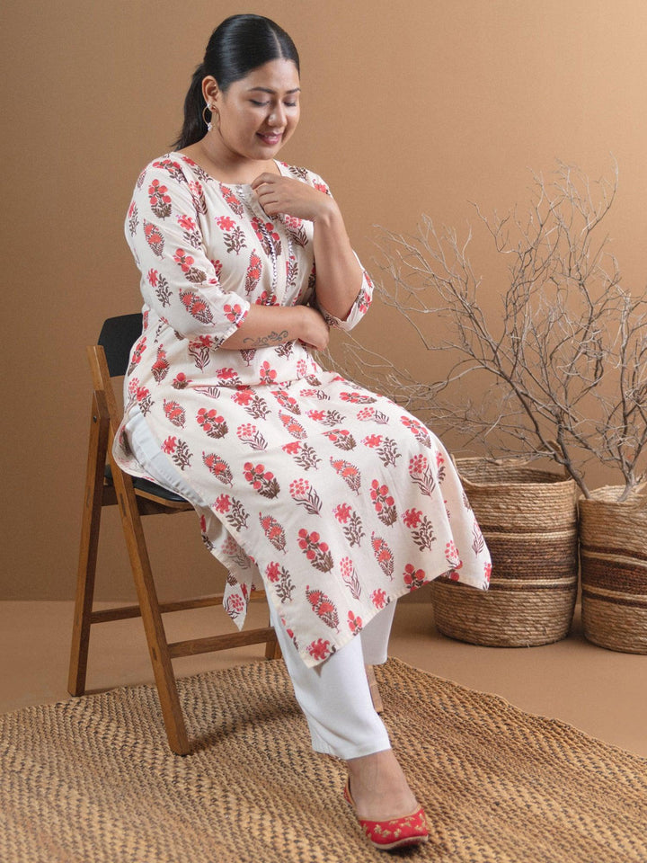 Plus Size Cream Printed Cotton Kurta - ShopLibas