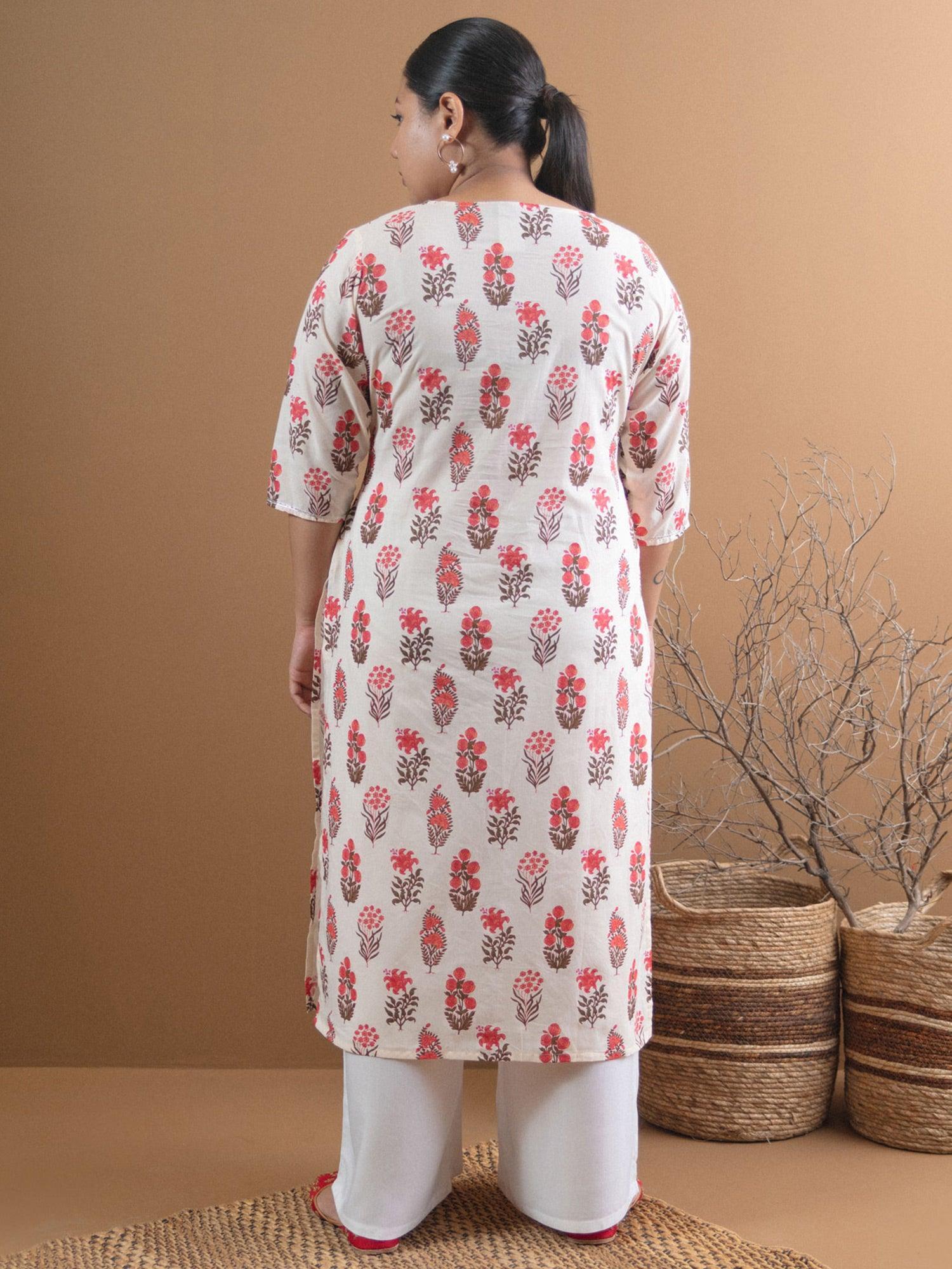 Plus Size Cream Printed Cotton Kurta