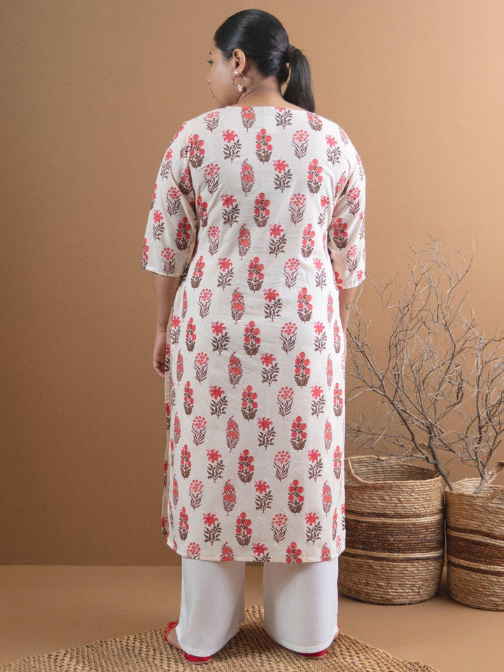 Plus Size Cream Printed Cotton Kurta - ShopLibas