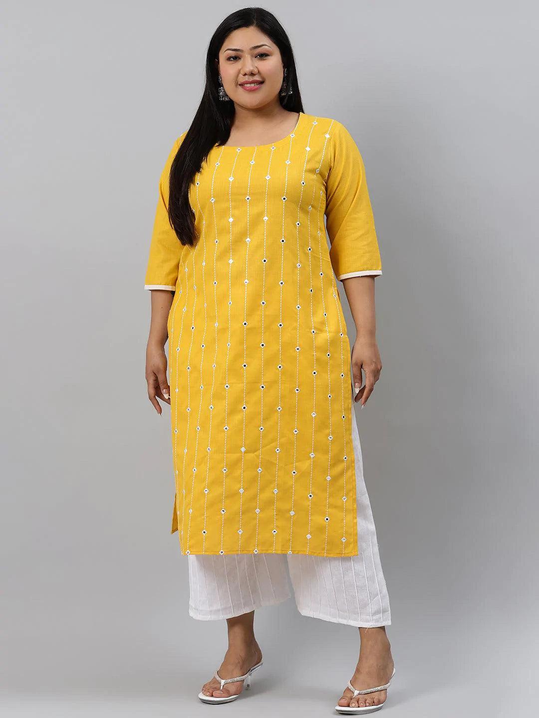 Plus Size Yellow Printed Cotton Kurta