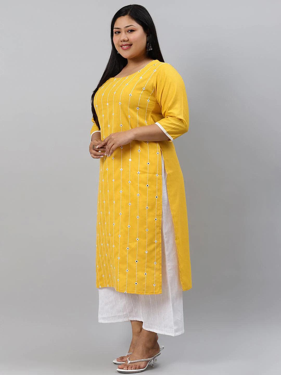 Plus Size Yellow Printed Cotton Kurta