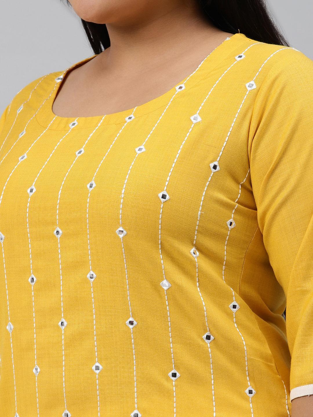 Plus Size Yellow Printed Cotton Kurta