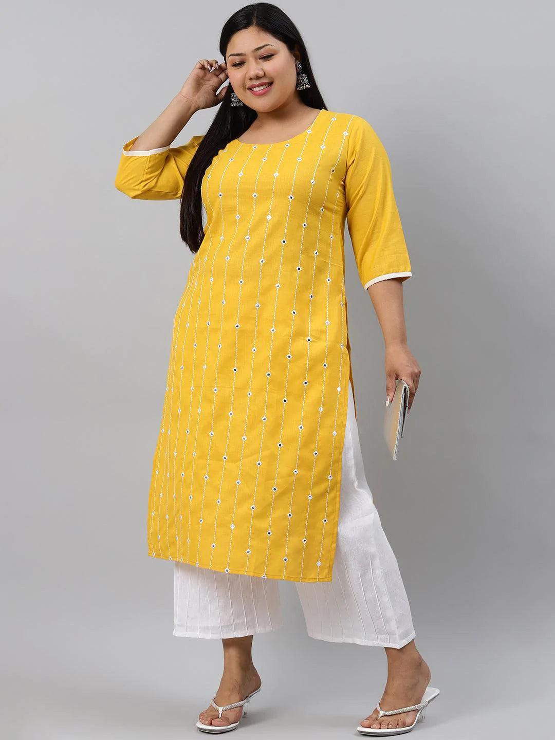 Plus Size Yellow Printed Cotton Kurta