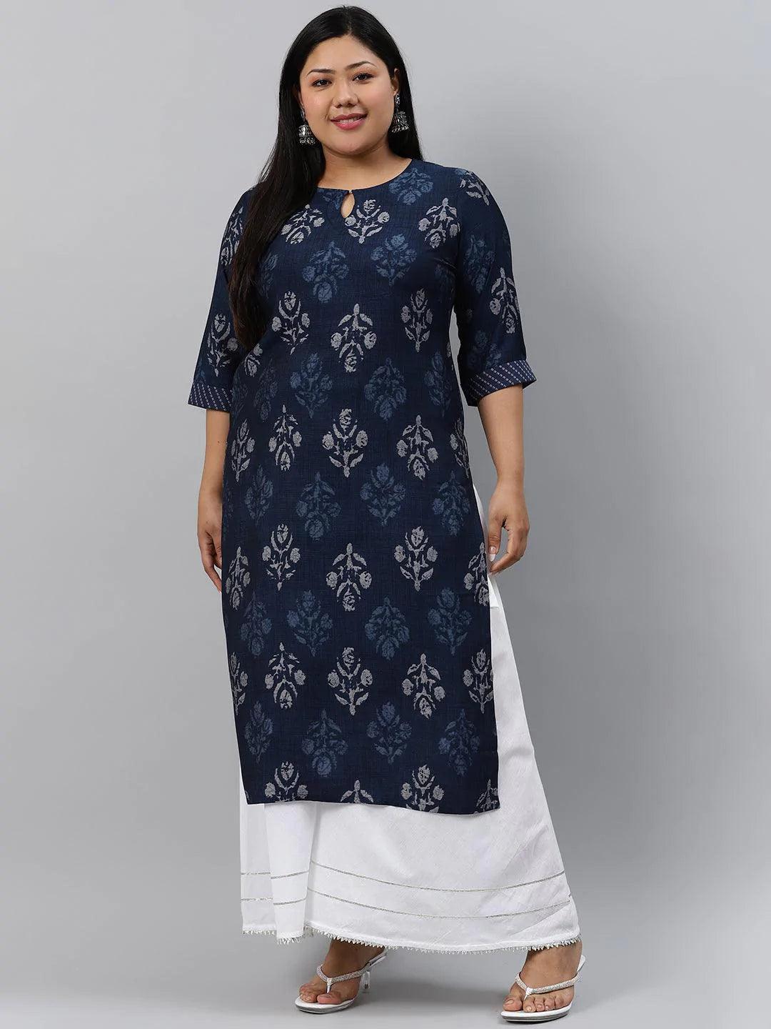 Plus Size Blue Printed Rayon Kurta - ShopLibas