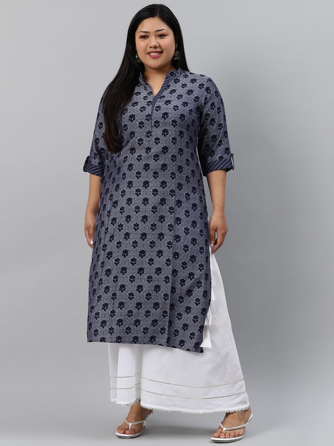 Plus Size Blue Printed Rayon Kurta