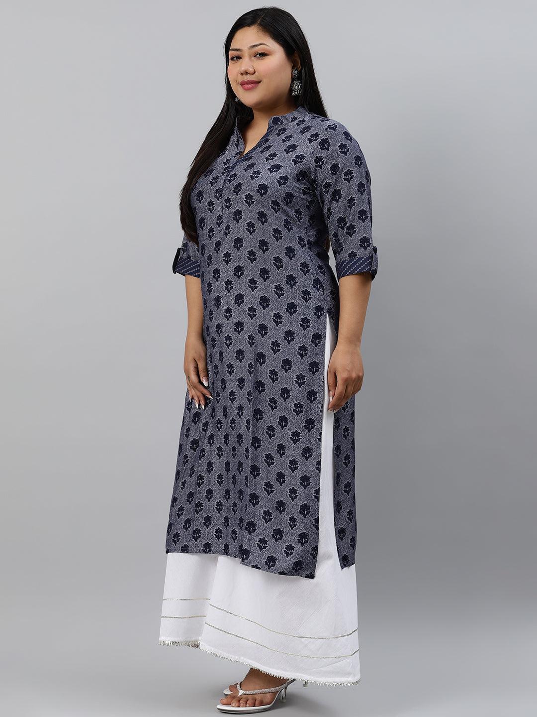 Plus Size Blue Printed Rayon Kurta