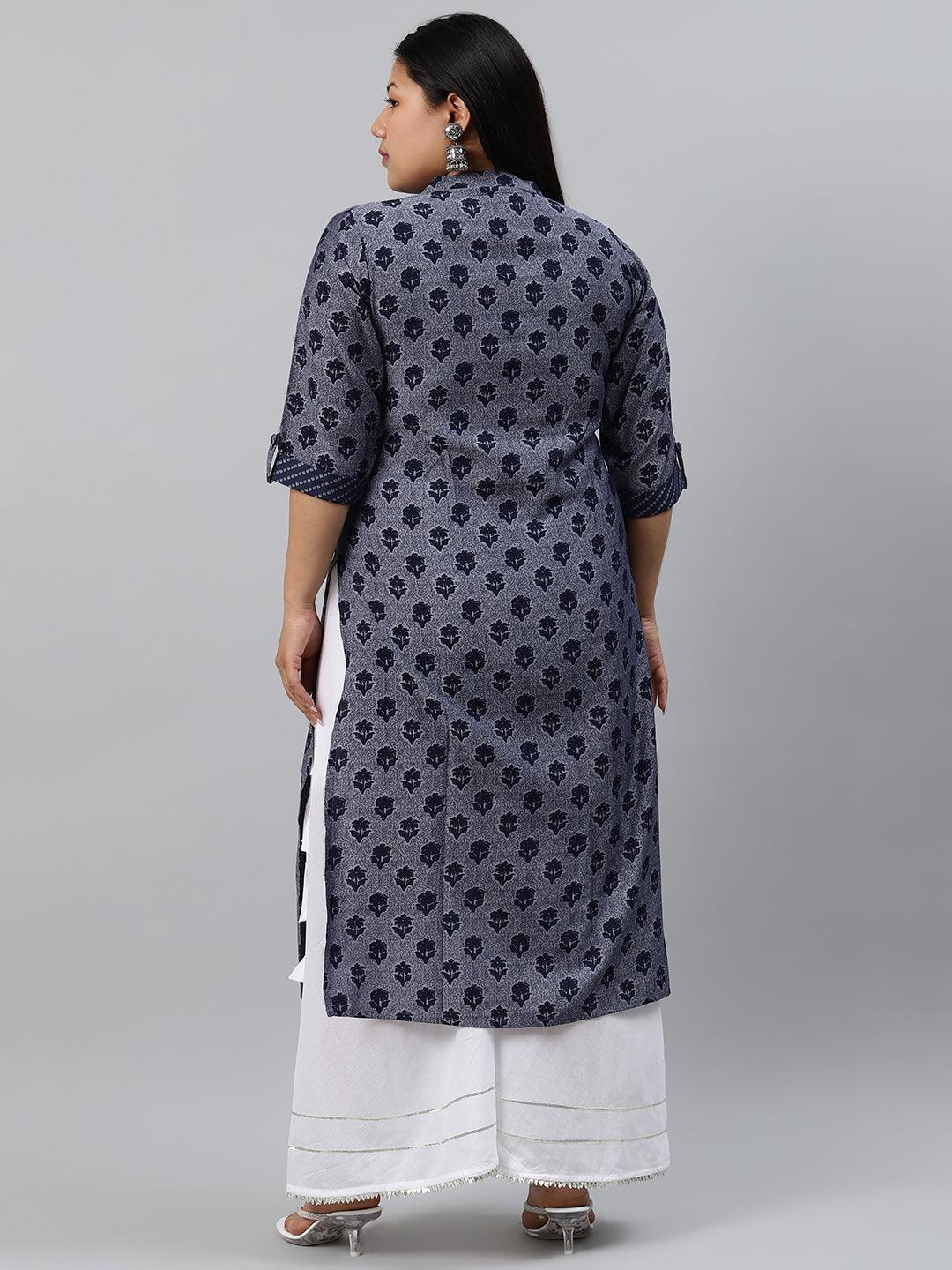 Plus Size Blue Printed Rayon Kurta