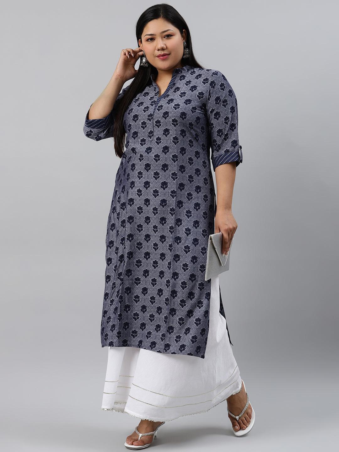 Plus Size Blue Printed Rayon Kurta