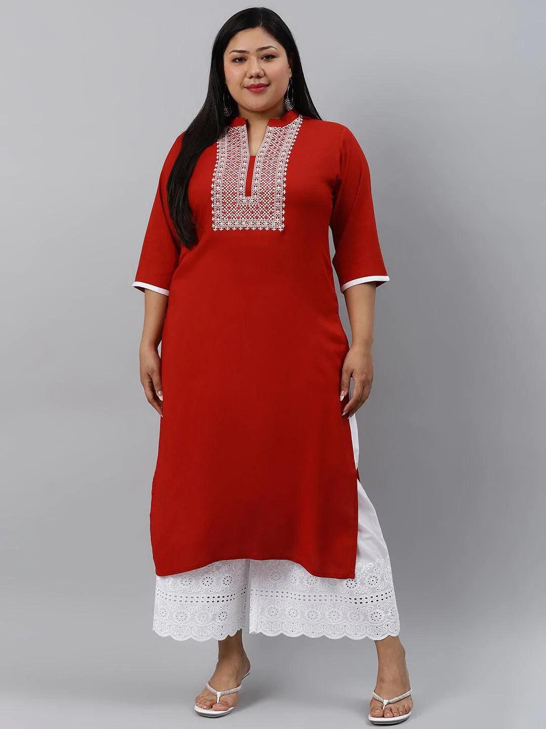 Plus Size Rust Embroidered Rayon Kurta