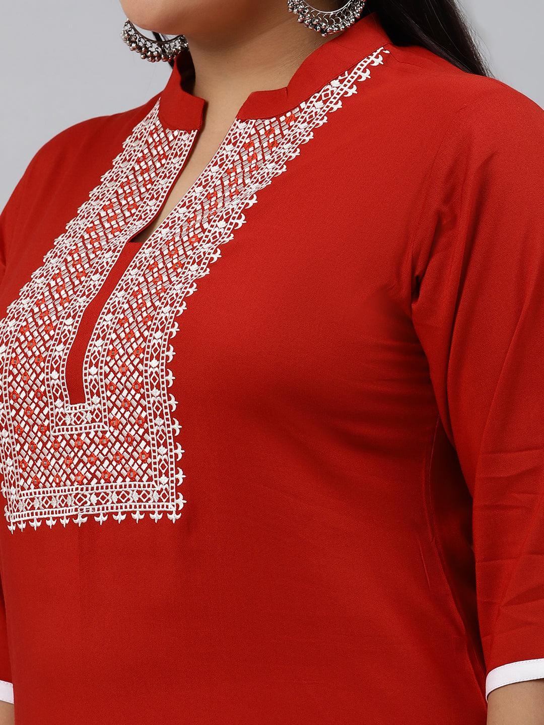 Plus Size Rust Embroidered Rayon Kurta