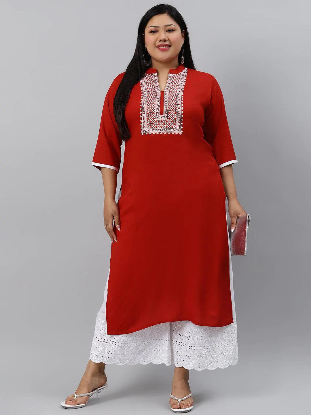 Plus Size Rust Embroidered Rayon Kurta