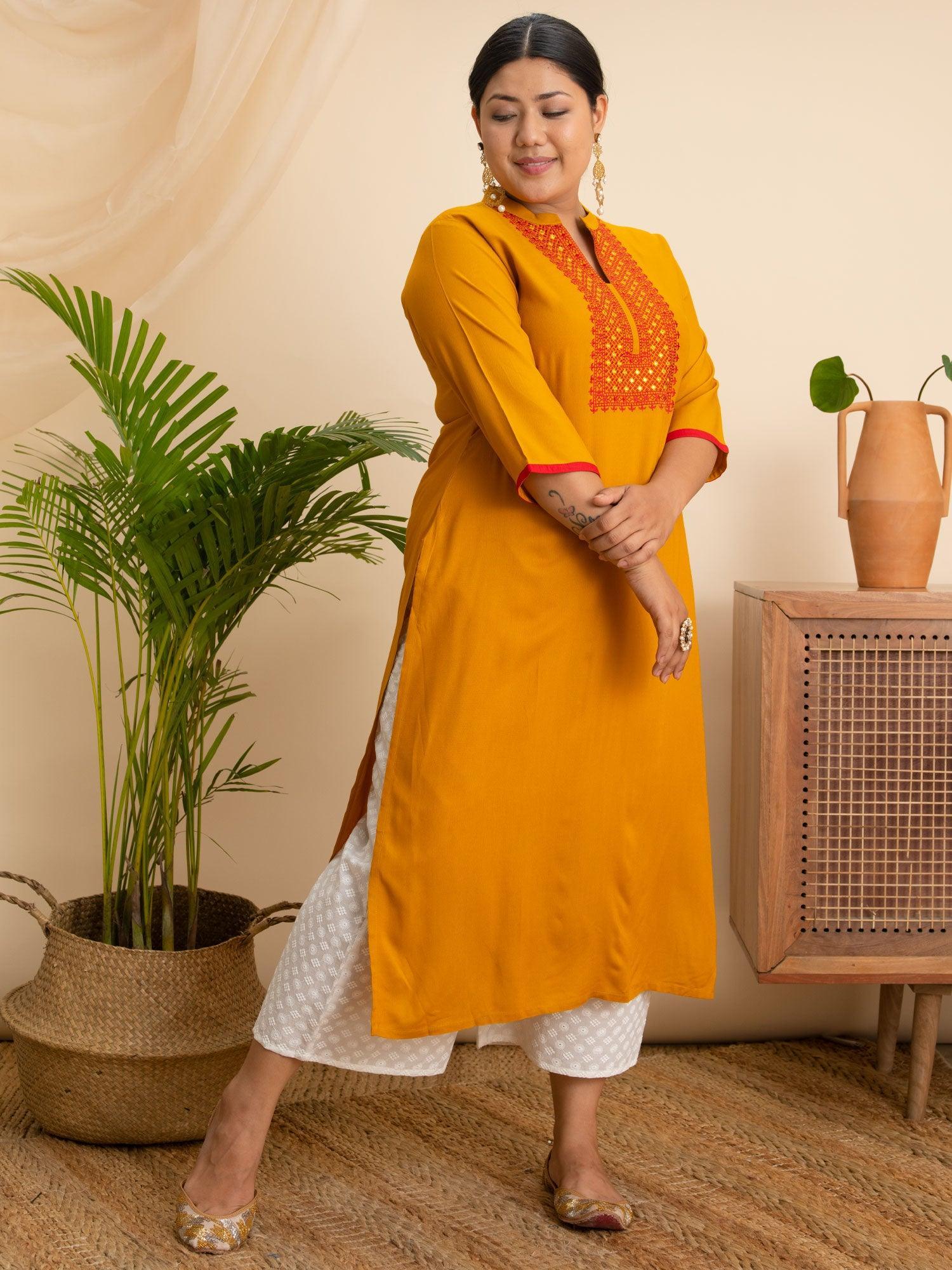 Plus Size Yellow Embroidered Rayon Kurta