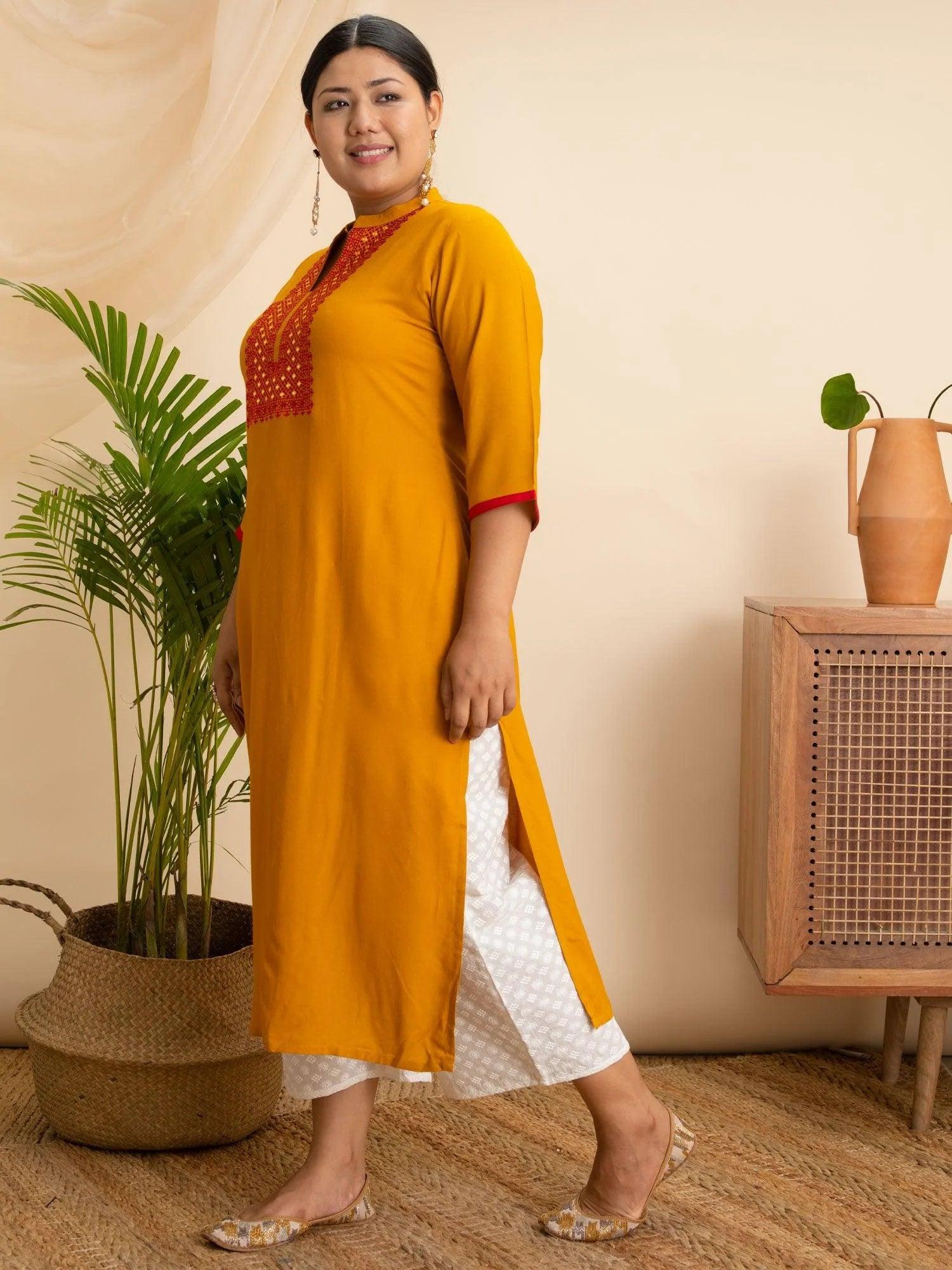 Plus Size Yellow Embroidered Rayon Kurta