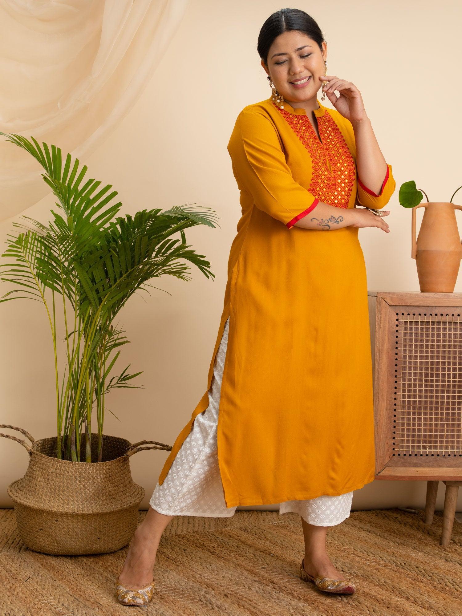 Plus Size Yellow Embroidered Rayon Kurta