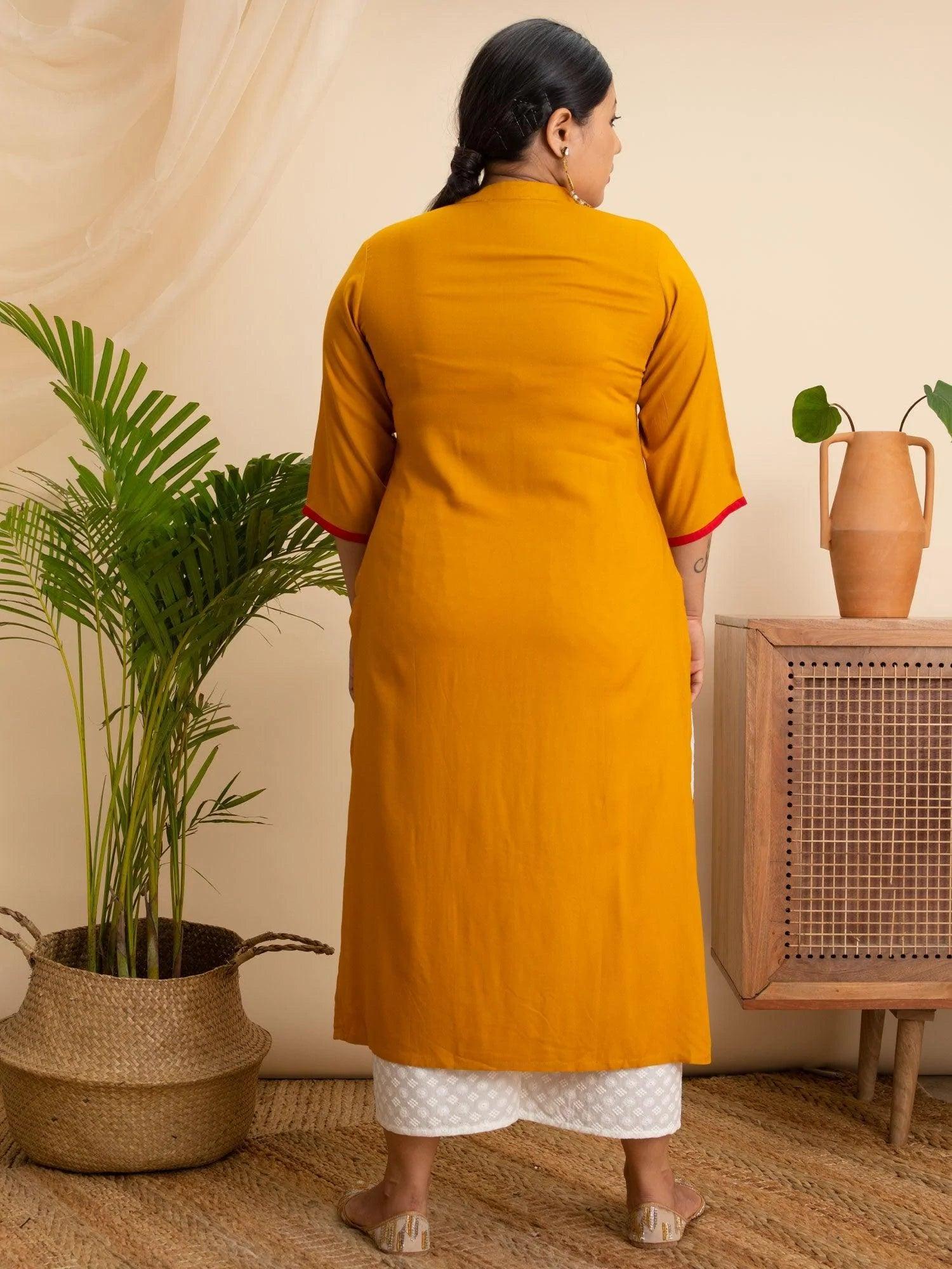 Plus Size Yellow Embroidered Rayon Kurta