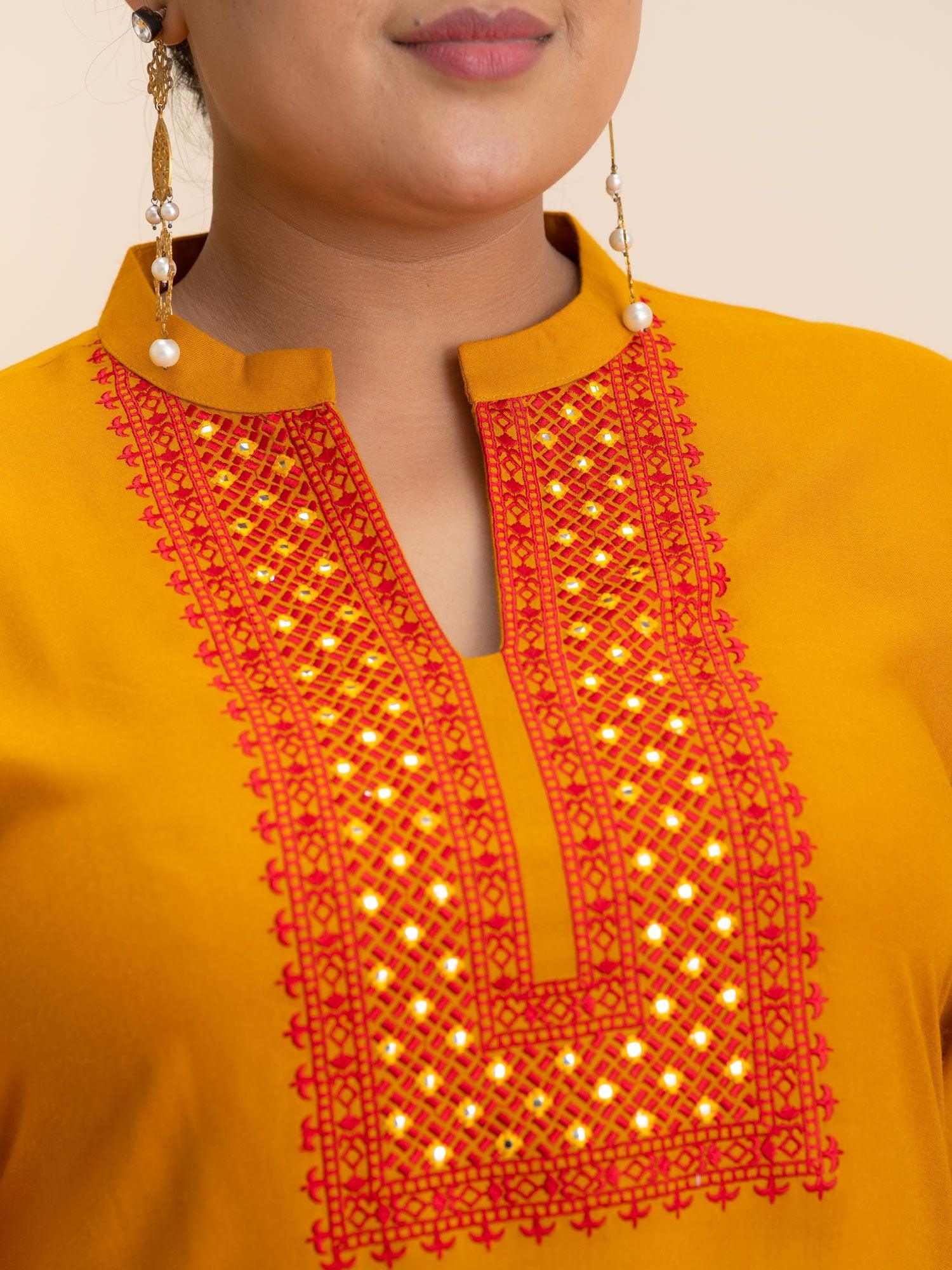 Plus Size Yellow Embroidered Rayon Kurta