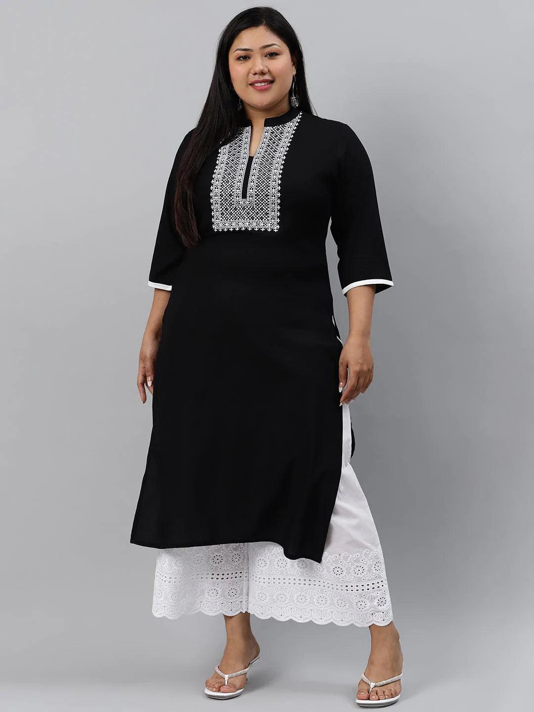 Plus Size Black Embroidered Rayon Kurta