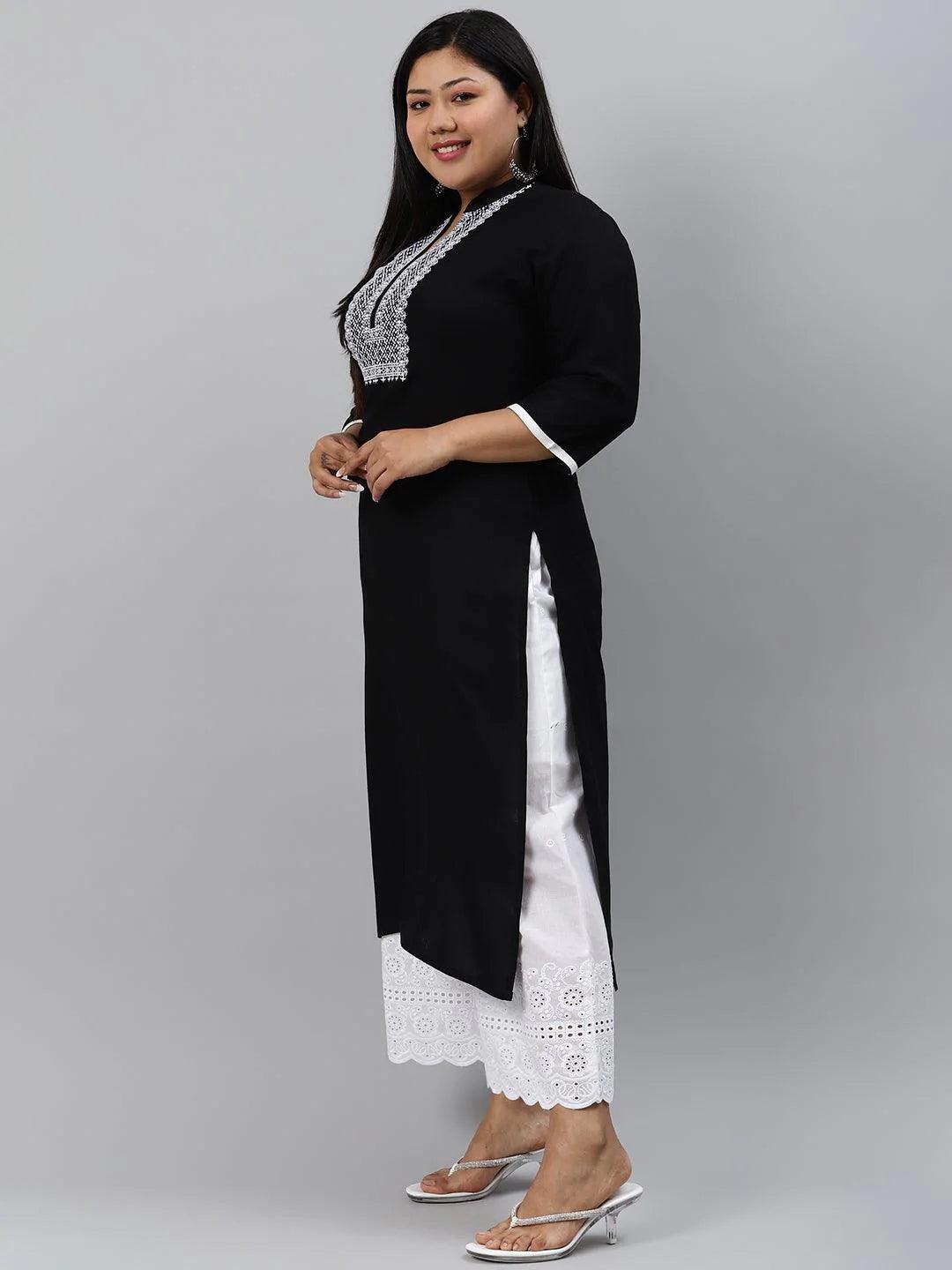 Plus Size Black Embroidered Rayon Kurta